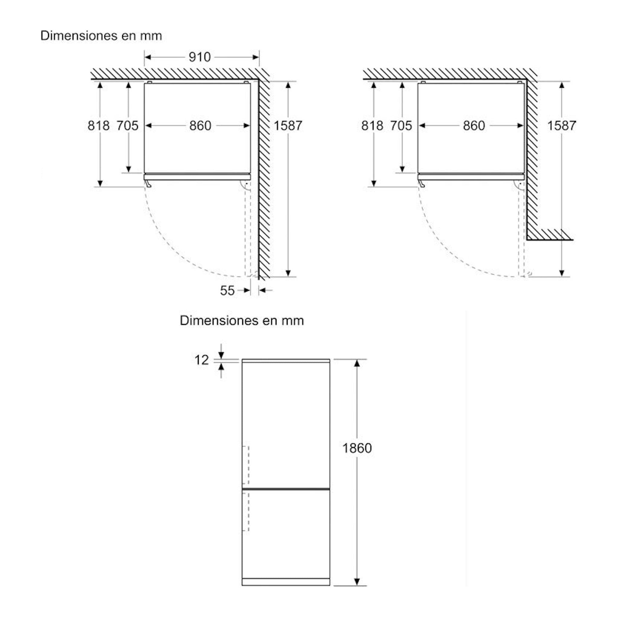 Bosch KGP86AXB0N, esquema técnico de frigorífico combi en vista frontal y lateral con medidas en mm.