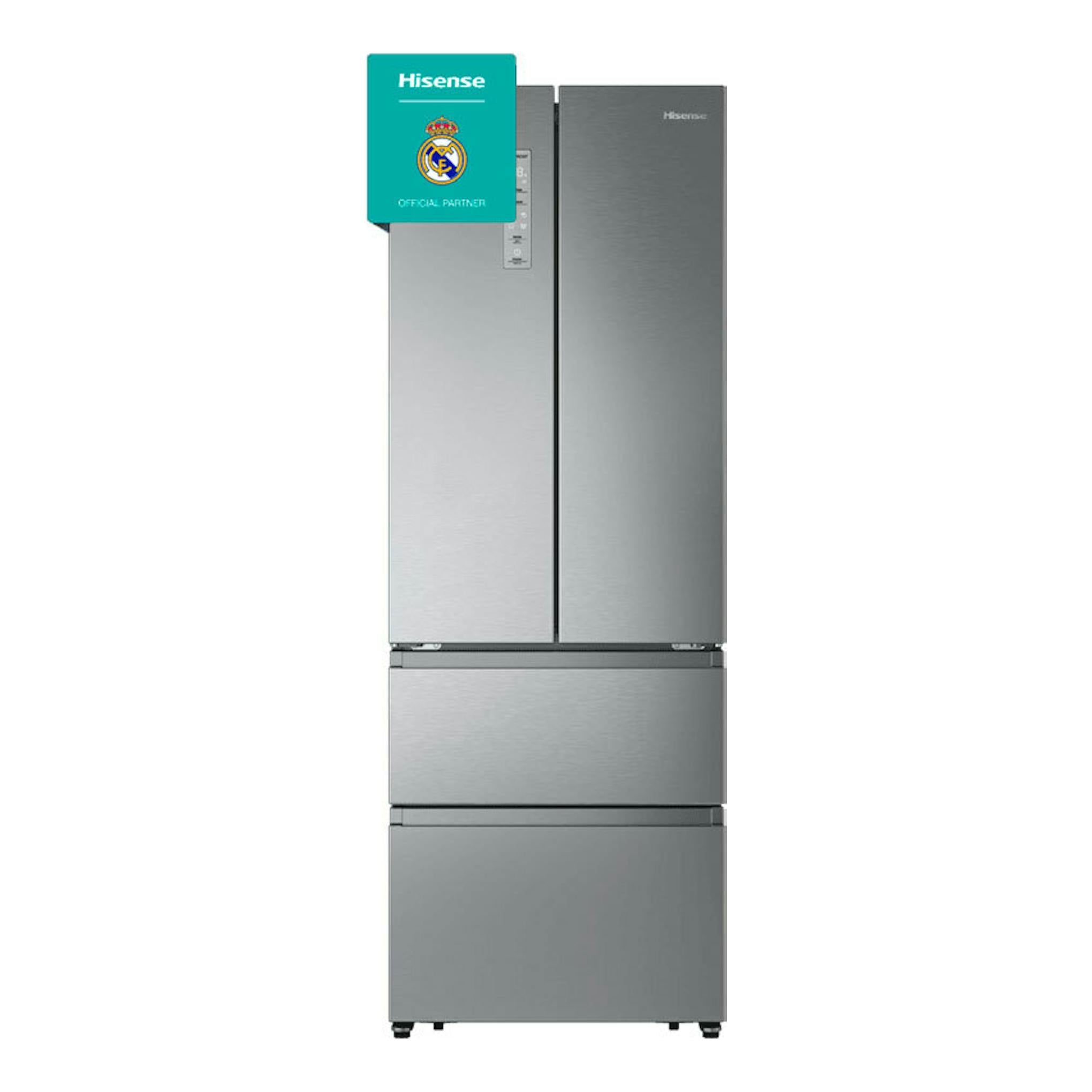 Frigorífico combi Hisense RF632N4AIC1 inox, vista frontal, con puertas francesas y dos cajones inferiores.