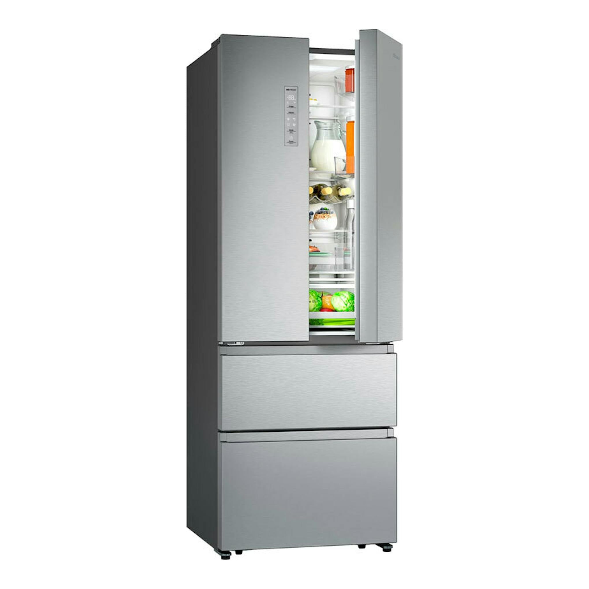 Frigorífico combi Hisense RF632N4AIC1 inox, vista frontal con una puerta abierta y cajones inferiores.