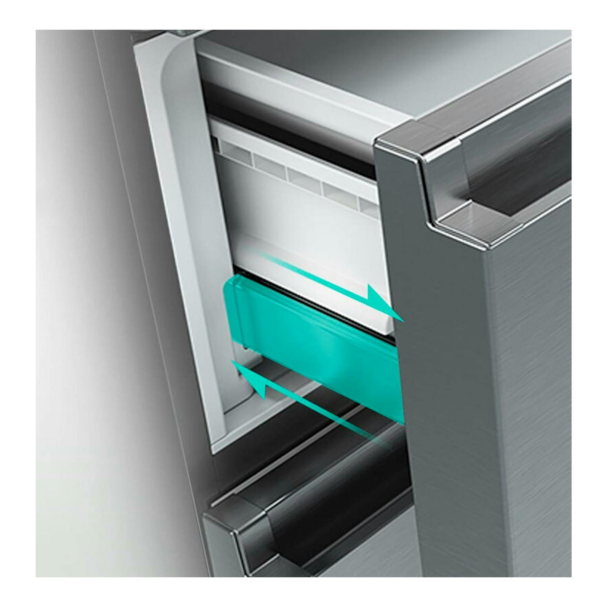 Detalle de cajón francés de frigorífico Hisense RF632N4AIC1 inox, vista en primer plano con flechas turquesa