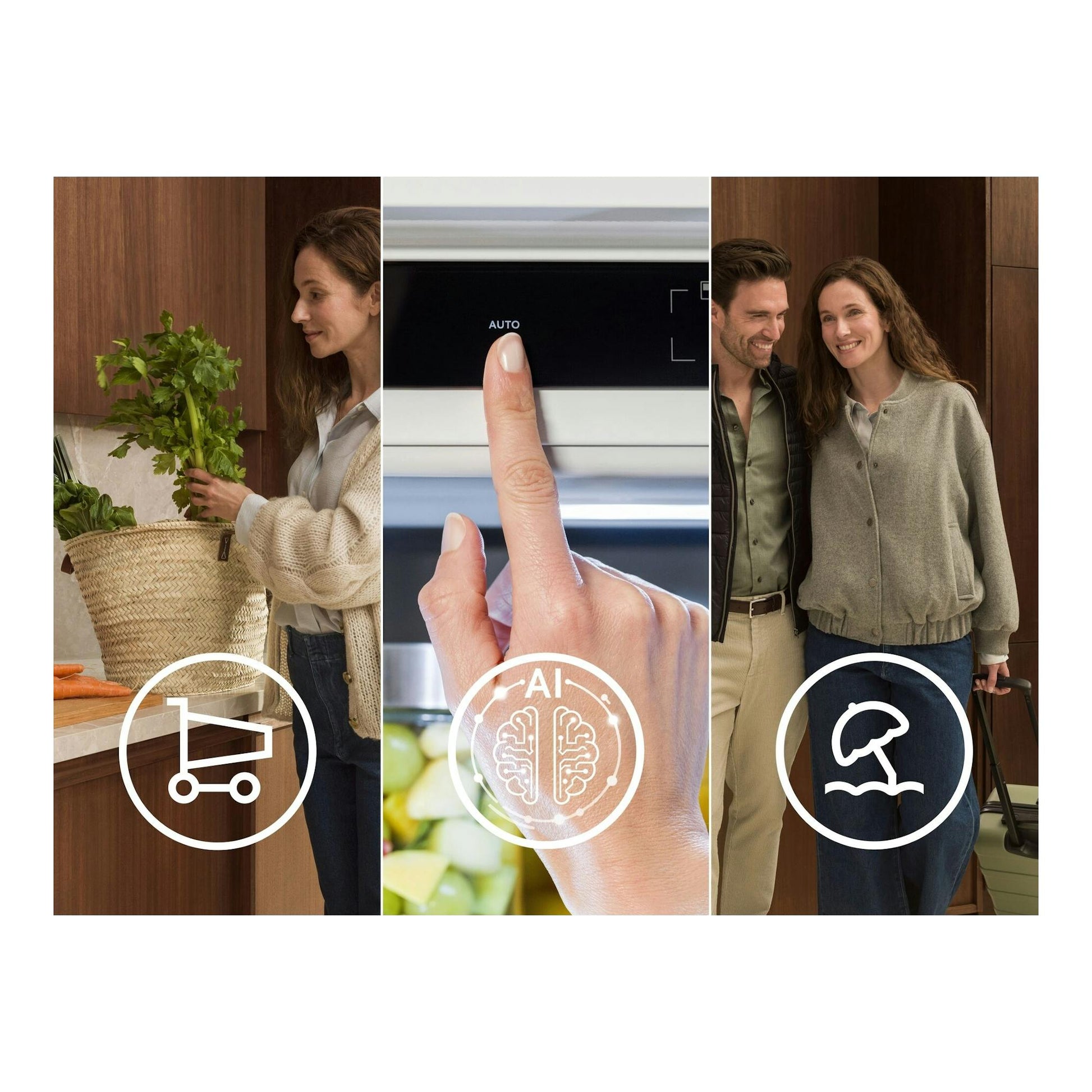 Frigorífico combi Electrolux ENA7CE18S1 integrable, visto en cocina de madera con panel táctil y personas.