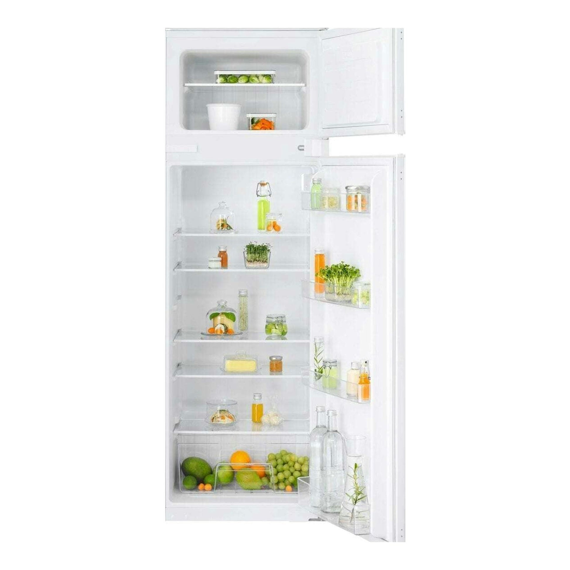 Frigorífico combi integrable Electrolux ETS3LE16S en blanco, con puerta abierta y vista frontal del interior.