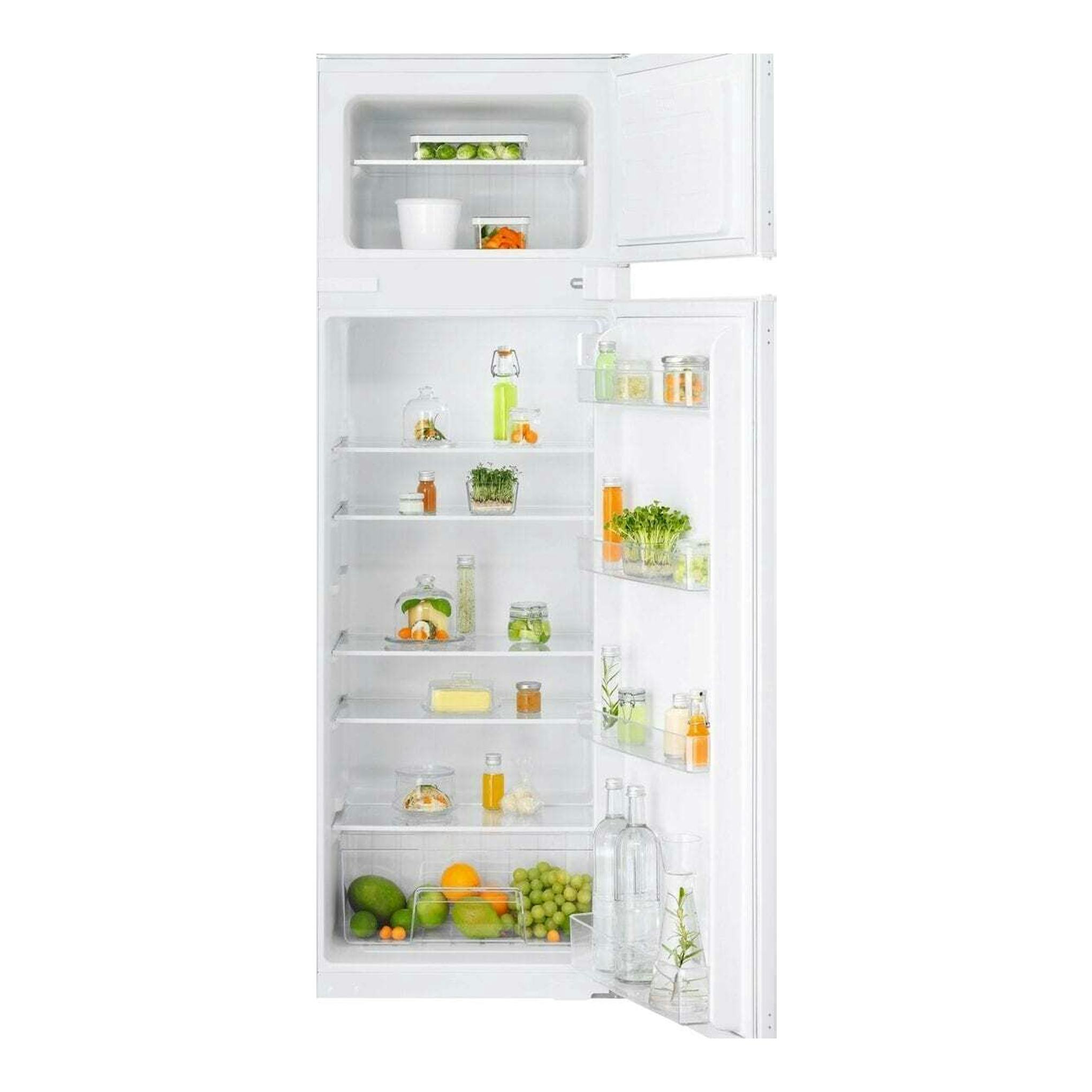 Frigorífico combi integrable Electrolux ETS3LE16S en blanco, con puerta abierta y vista frontal del interior.
