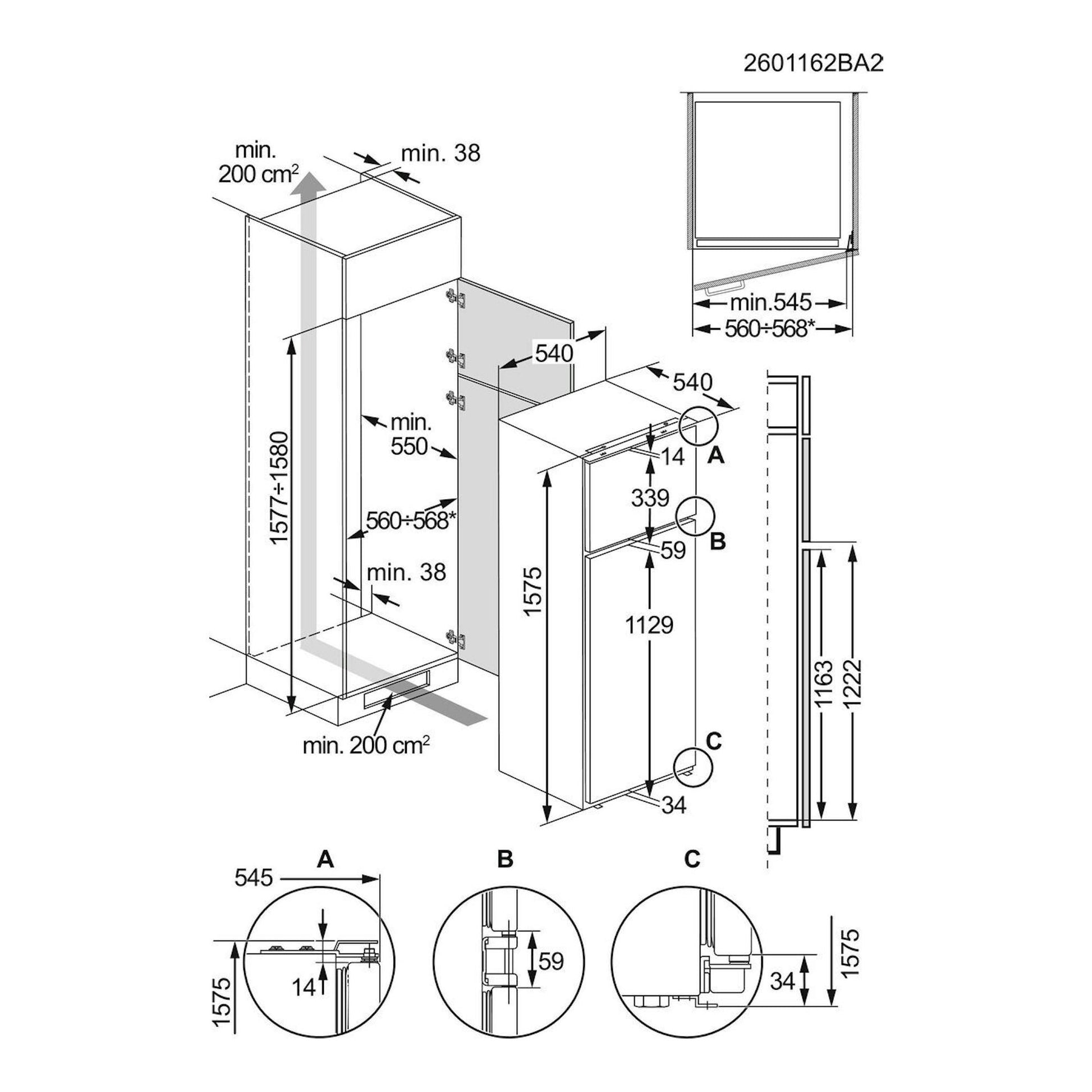 Esquema técnico de instalación del frigorífico combi integrable Electrolux ETS3LE16S, con vistas y medidas.
