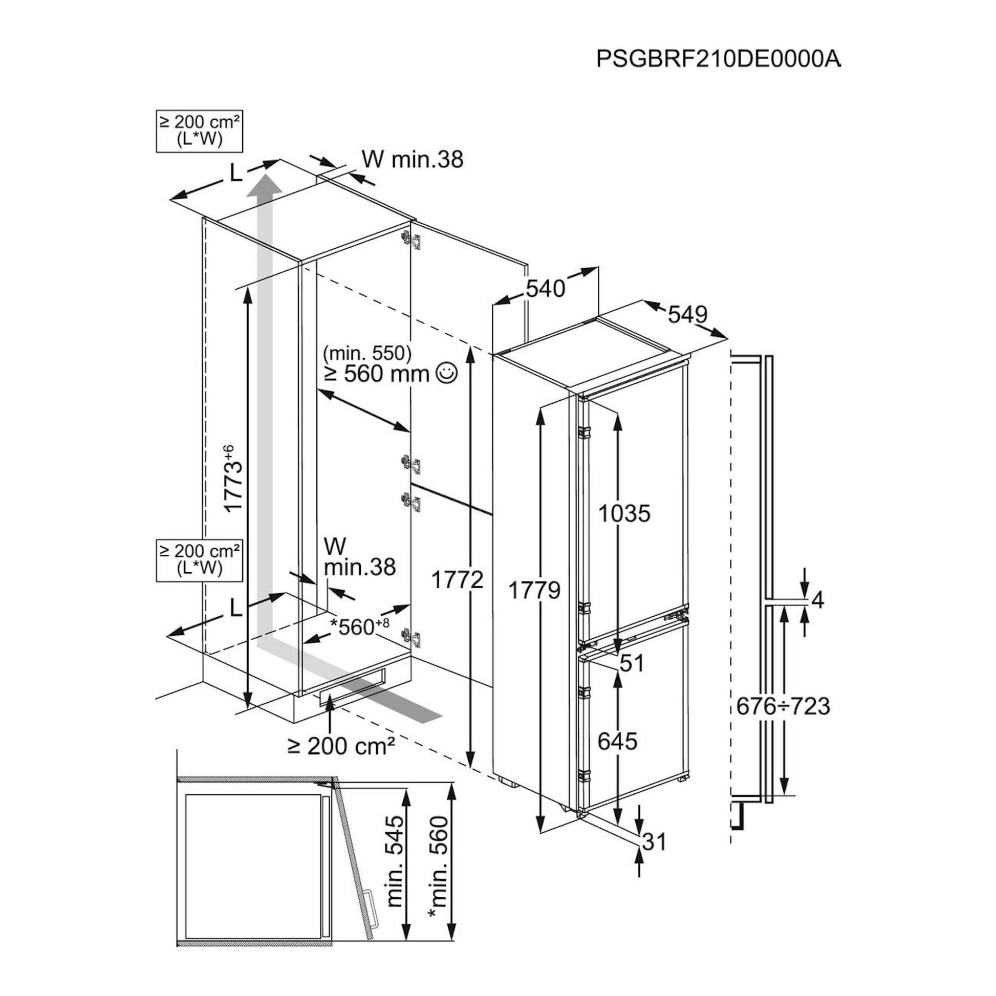 Esquema técnico en blanco y negro del frigorífico integrable Electrolux LNA6DE18S con medidas de instalación.