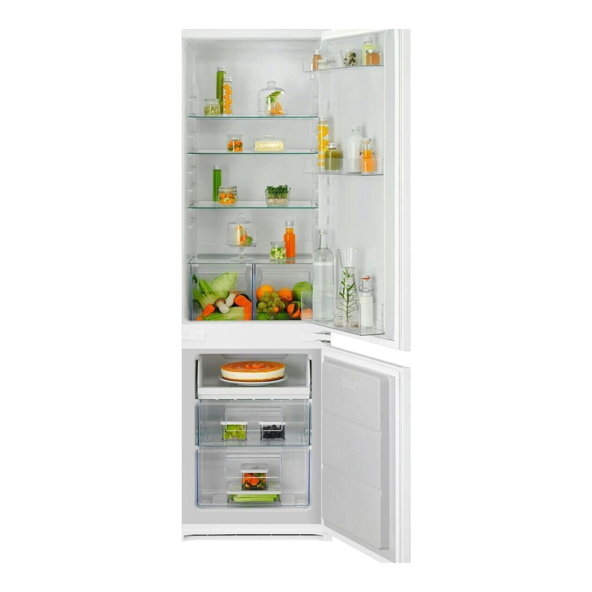 Frigorífico combi Electrolux LNA6LE18S blanco, integrable, visto de frente abierto con congelador inferior.