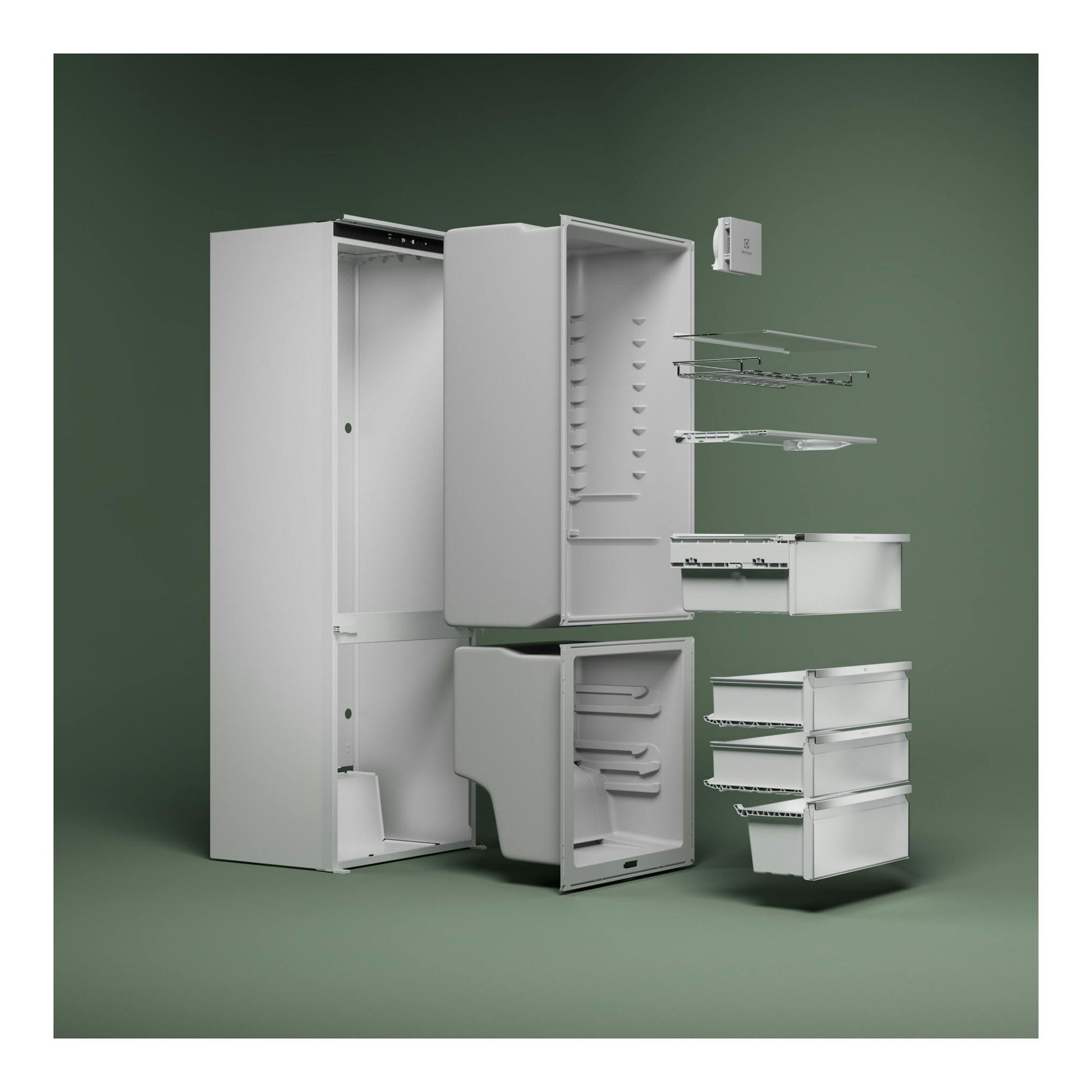 Frigorífico combi integrable Electrolux ENA7CE18S1 en vista explosionada frontal, blanco.