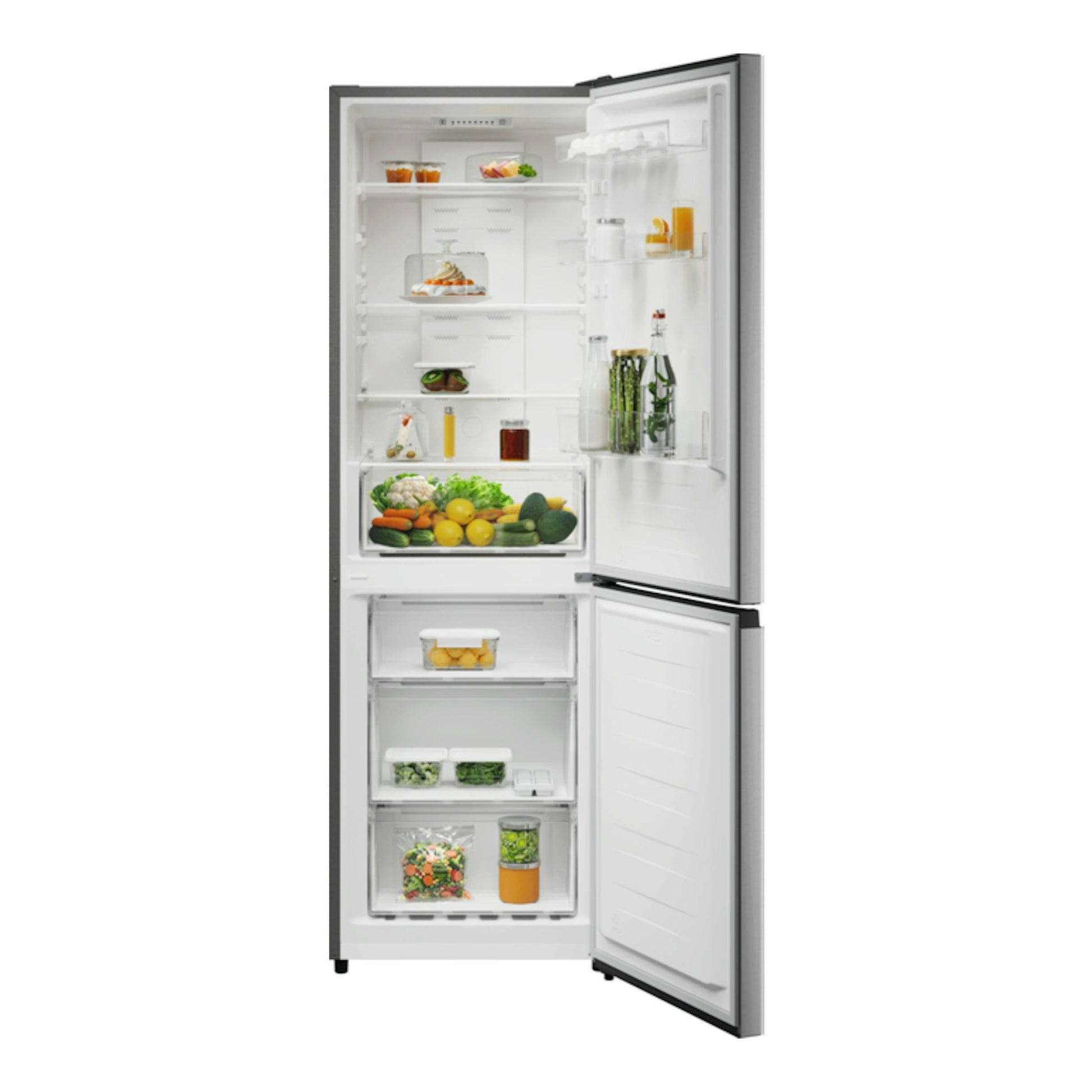 Frigorífico combi Electrolux LNB6MD30U0 en inox, vista frontal abierta, con congelador inferior.
