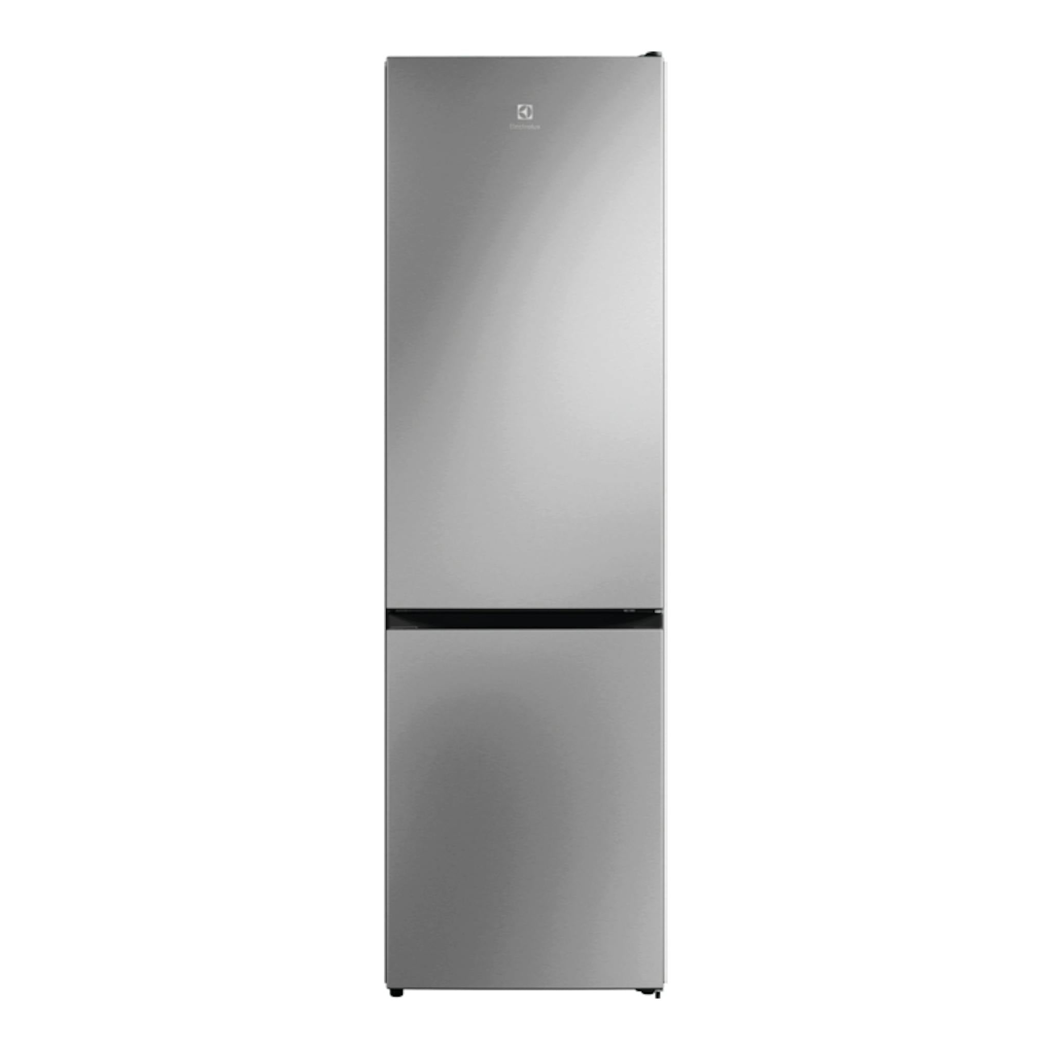 Frigorífico combi Electrolux LNB6MD34U0 en inox, vista frontal, con dos puertas y acabado plateado.