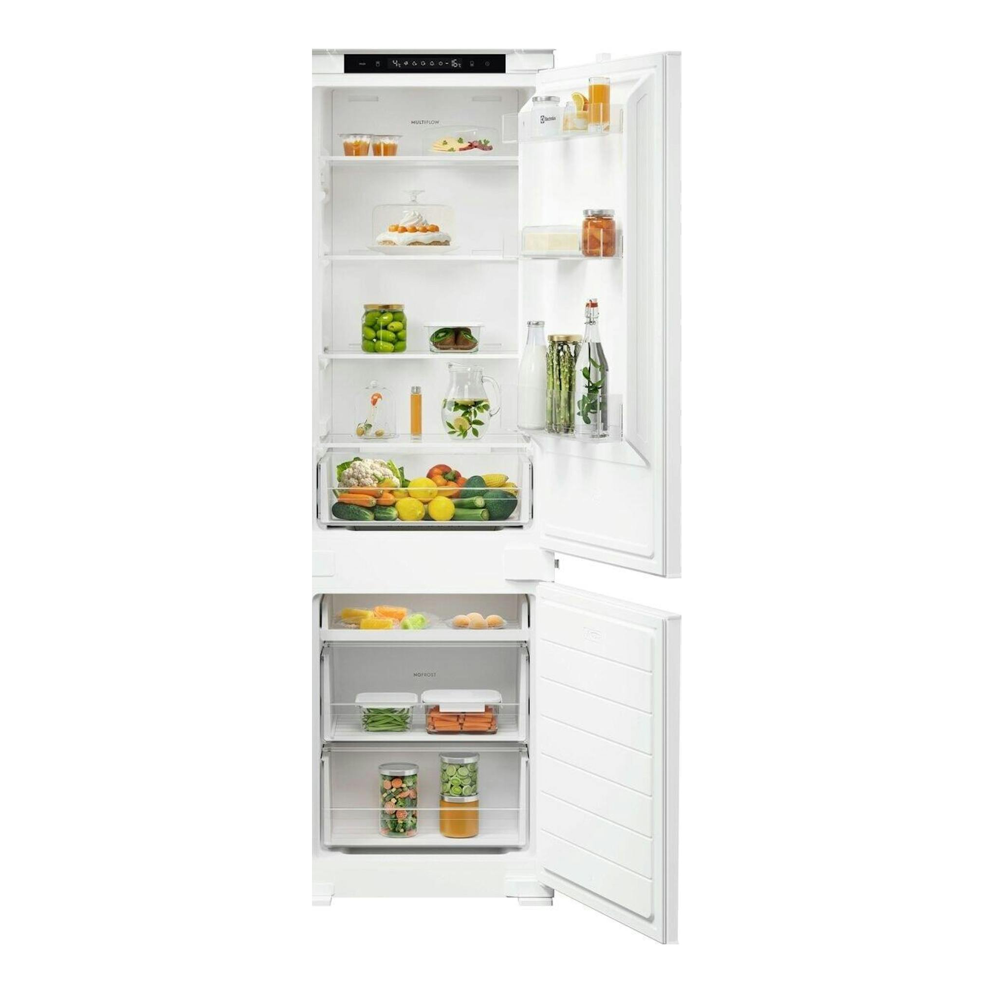 Frigorífico combi integrable Electrolux LNN3CE18S blanco, abierto, con interior y congelador visibles.