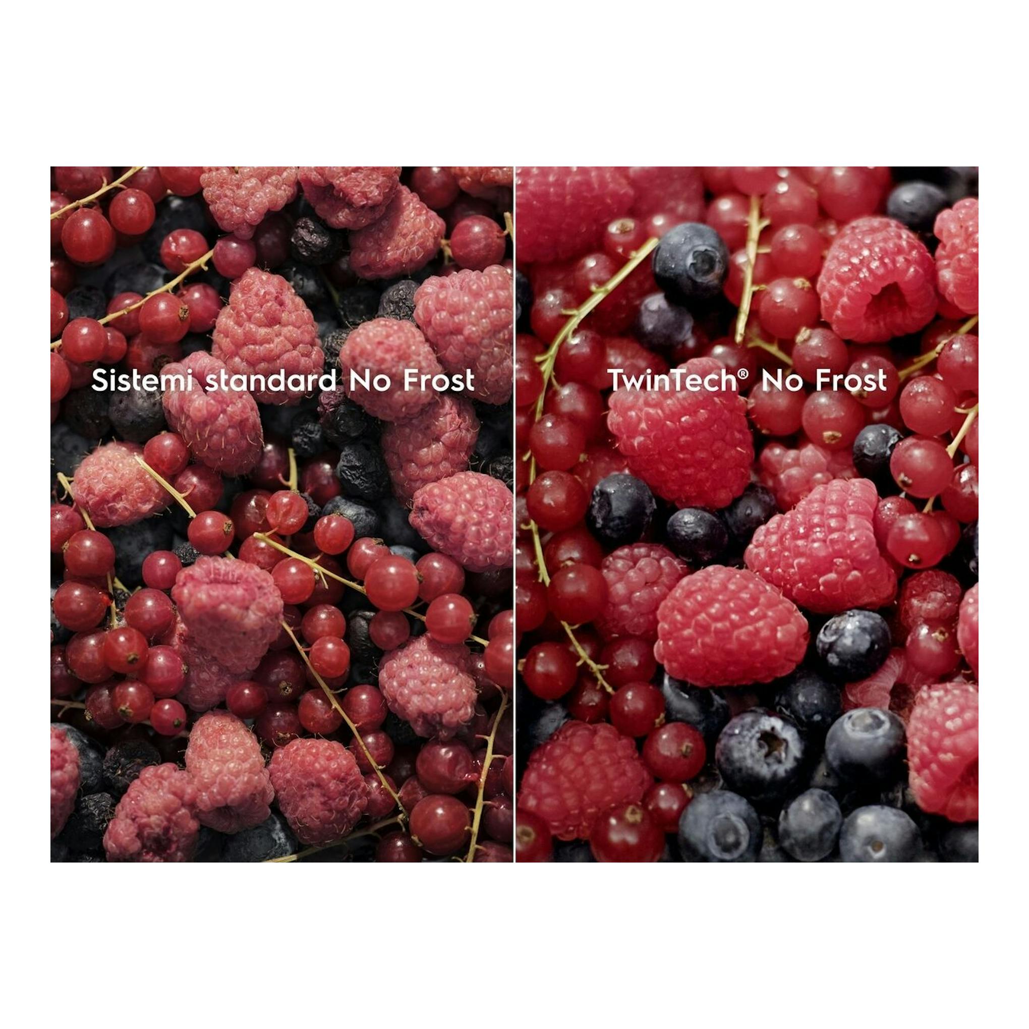 Anuncio comparativo de Electrolux con frutos rojos y textos «Sistemi standard No Frost» y «TwinTech® No Frost».