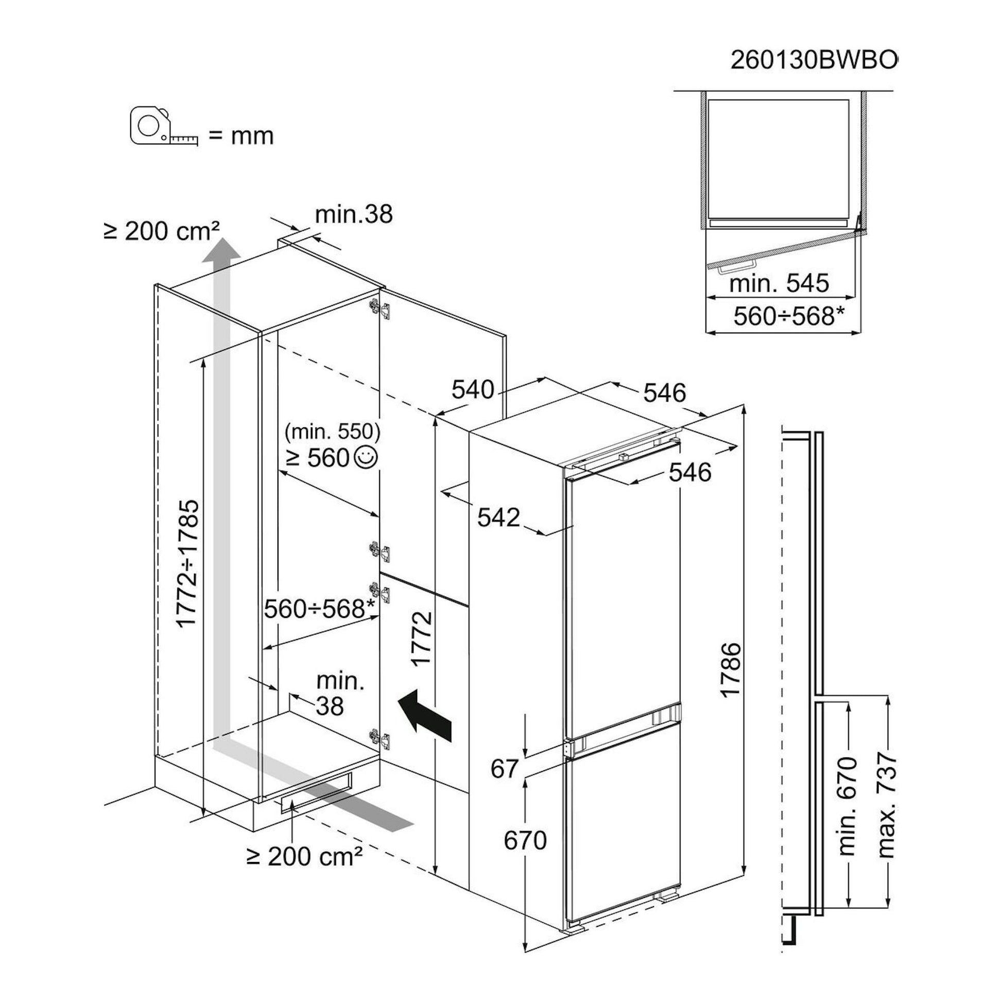 Diagrama técnico de un frigorífico combi integrable Electrolux LNN3CE18S en vista isométrica, con medidas.