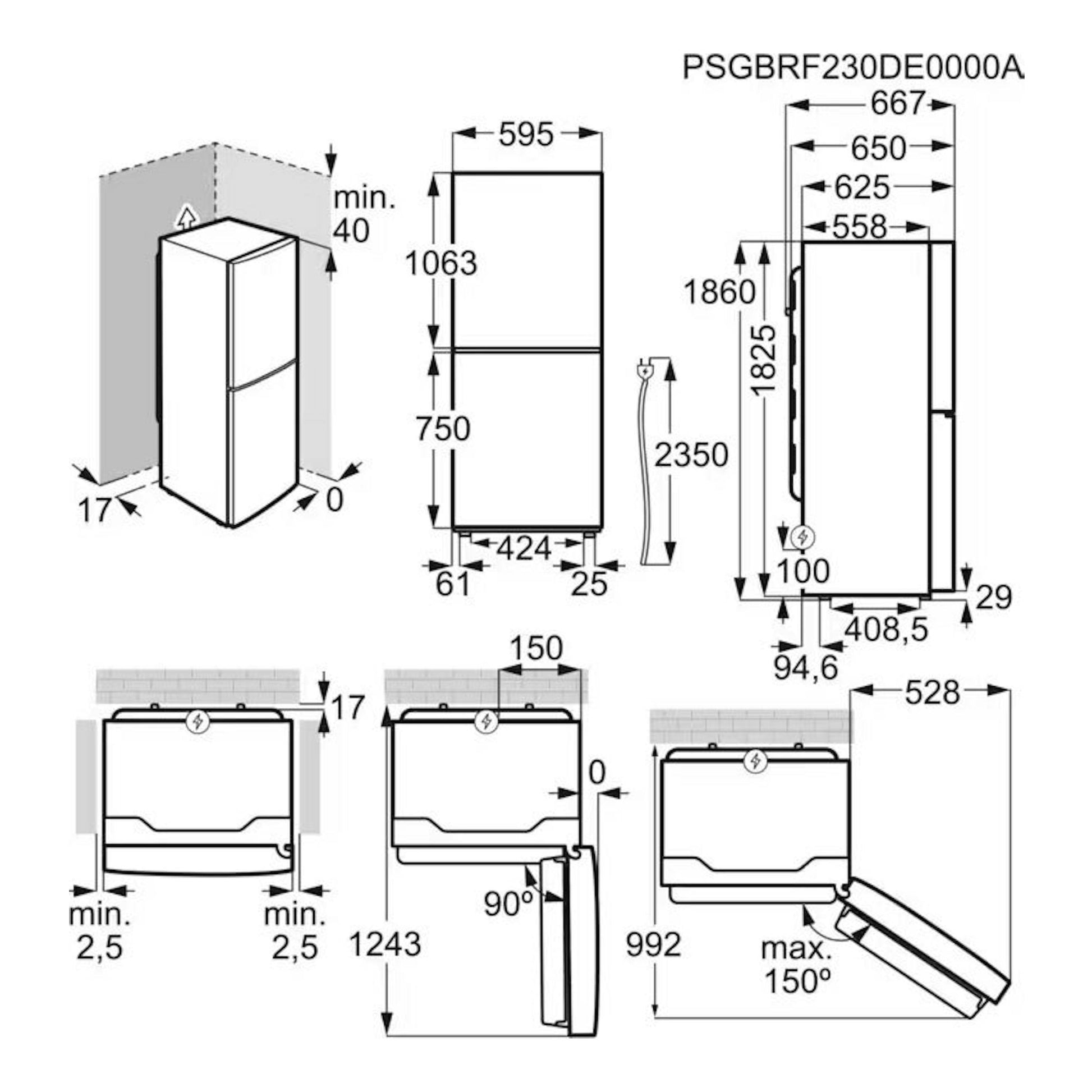 Diagrama técnico del frigorífico combi blanco Electrolux LNT5ME32W1, con medidas y vistas frontal, lateral y superior.