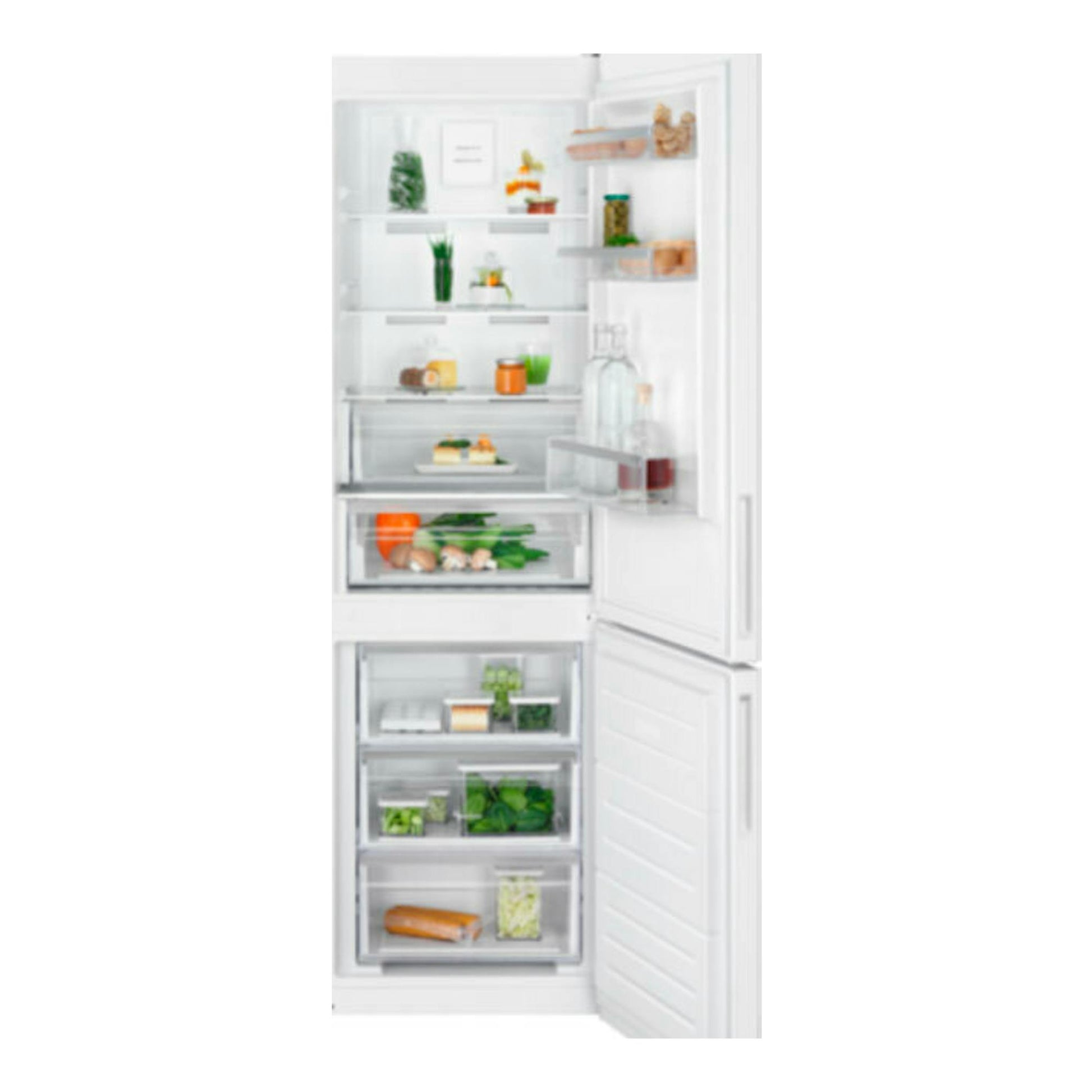 Frigorífico combi Electrolux LNT5ME32W1 blanco, vista frontal con puertas abiertas y congelador inferior visible.
