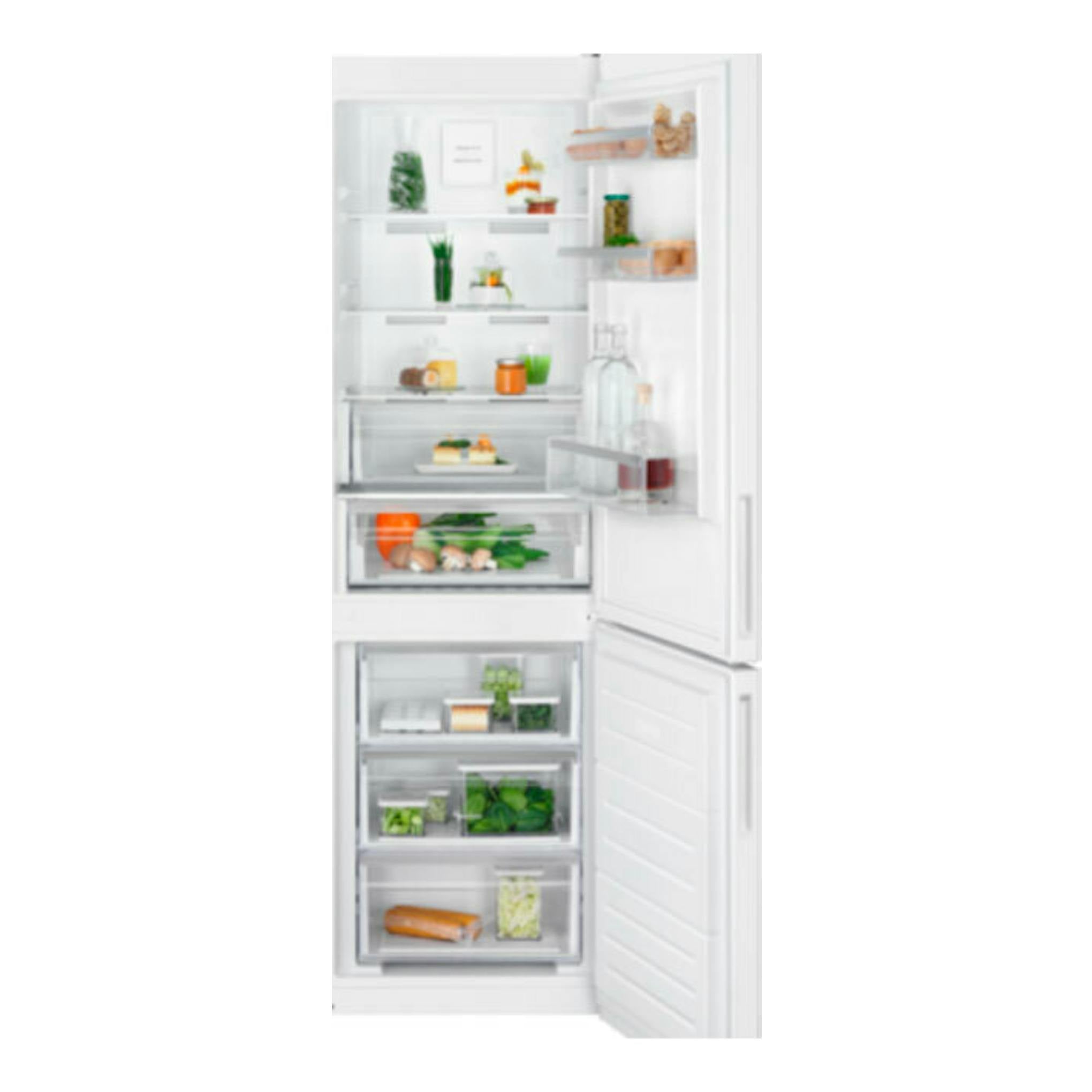 Frigorífico combi Electrolux LNT5ME32W1 blanco, vista frontal con puertas abiertas y congelador inferior visible.