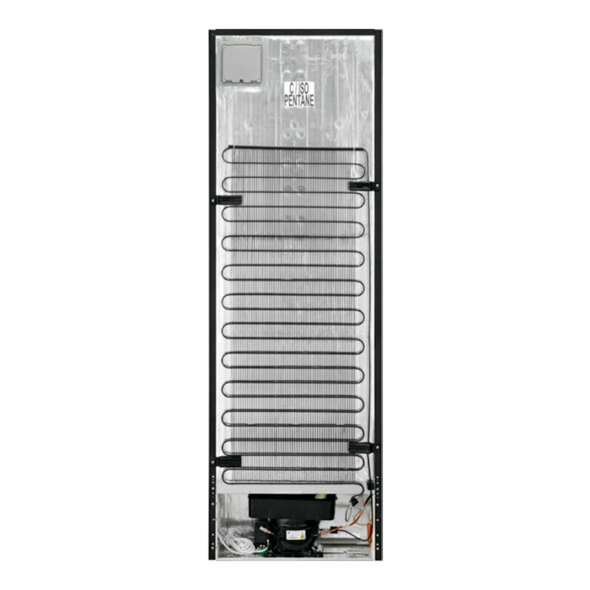 Electrolux LNT6ME32U2 Inox, vista trasera del frigorífico combi, con serpentín y compresor inferior.