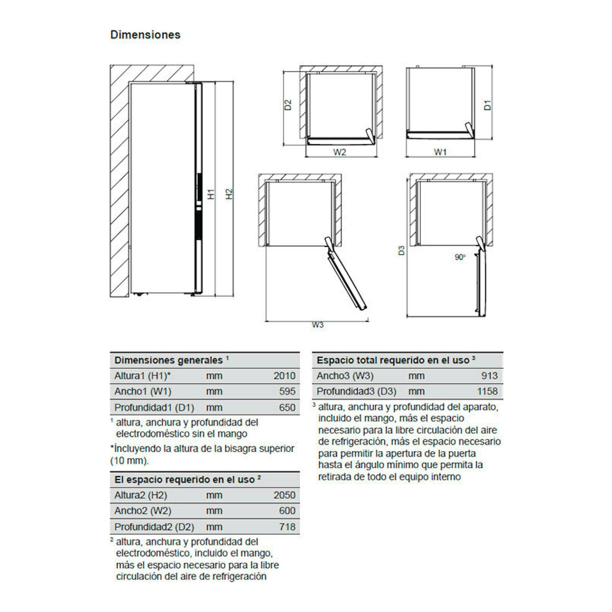 Diagrama de dimensiones del frigorífico combi Electrolux LNT6ME36U inox, con vistas lateral y frontal.