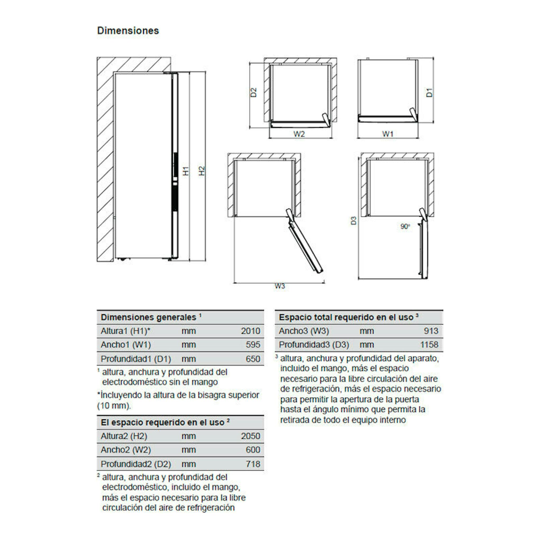 Diagrama de dimensiones del frigorífico combi Electrolux LNT6ME36U inox, con vistas lateral y frontal.