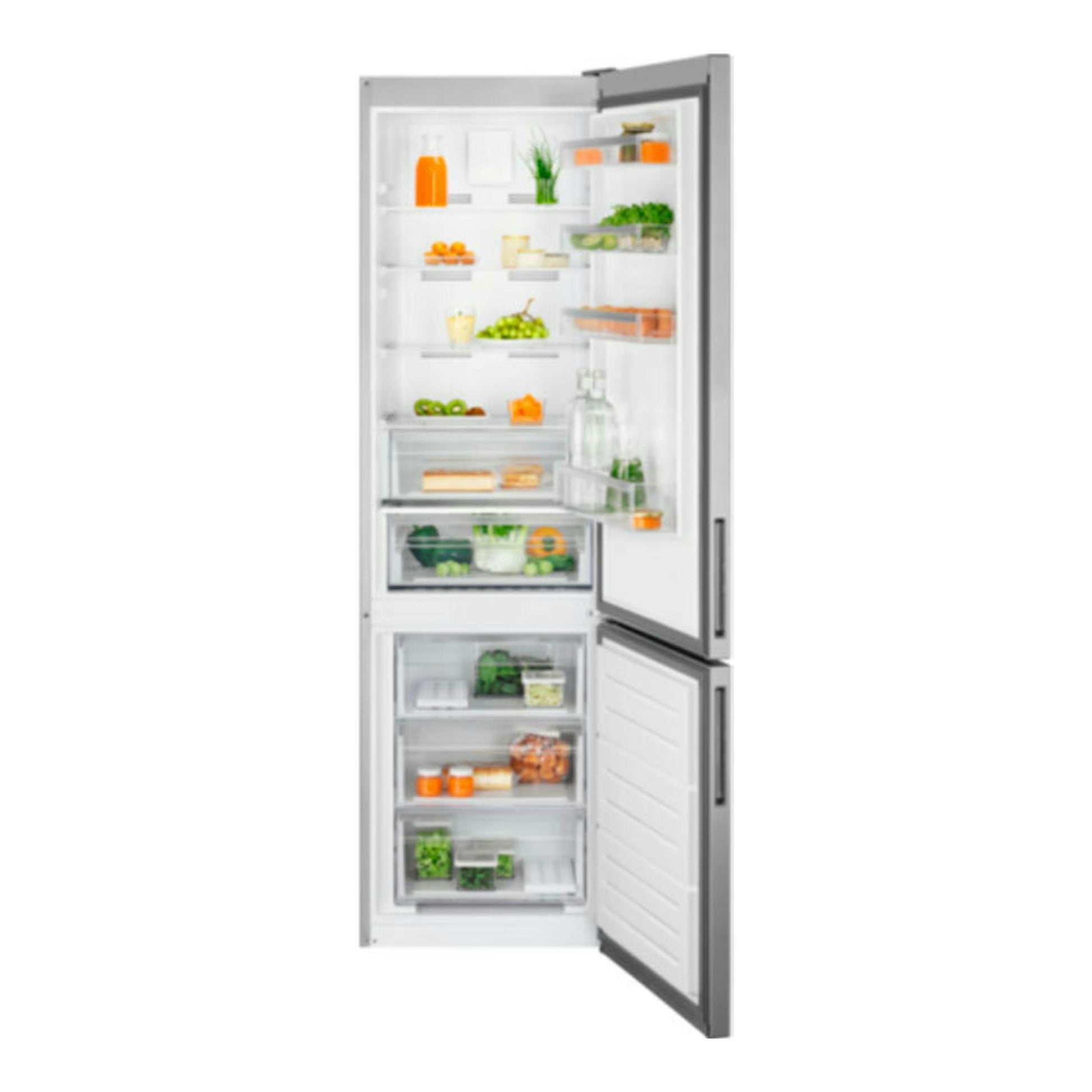 Frigorífico combi Electrolux LNT6ME36U inox, vista frontal con puertas abiertas e interior visible.