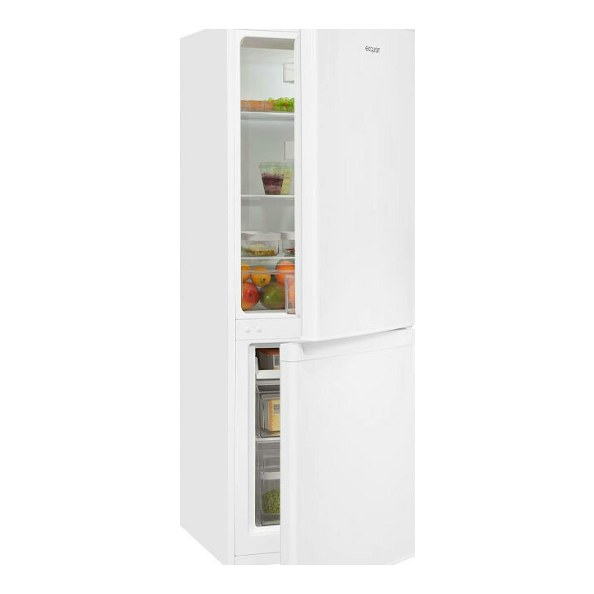 Frigorífico combi Exquisit KGC232-60-E-040E blanco, vista frontal en ángulo, con puertas abiertas.