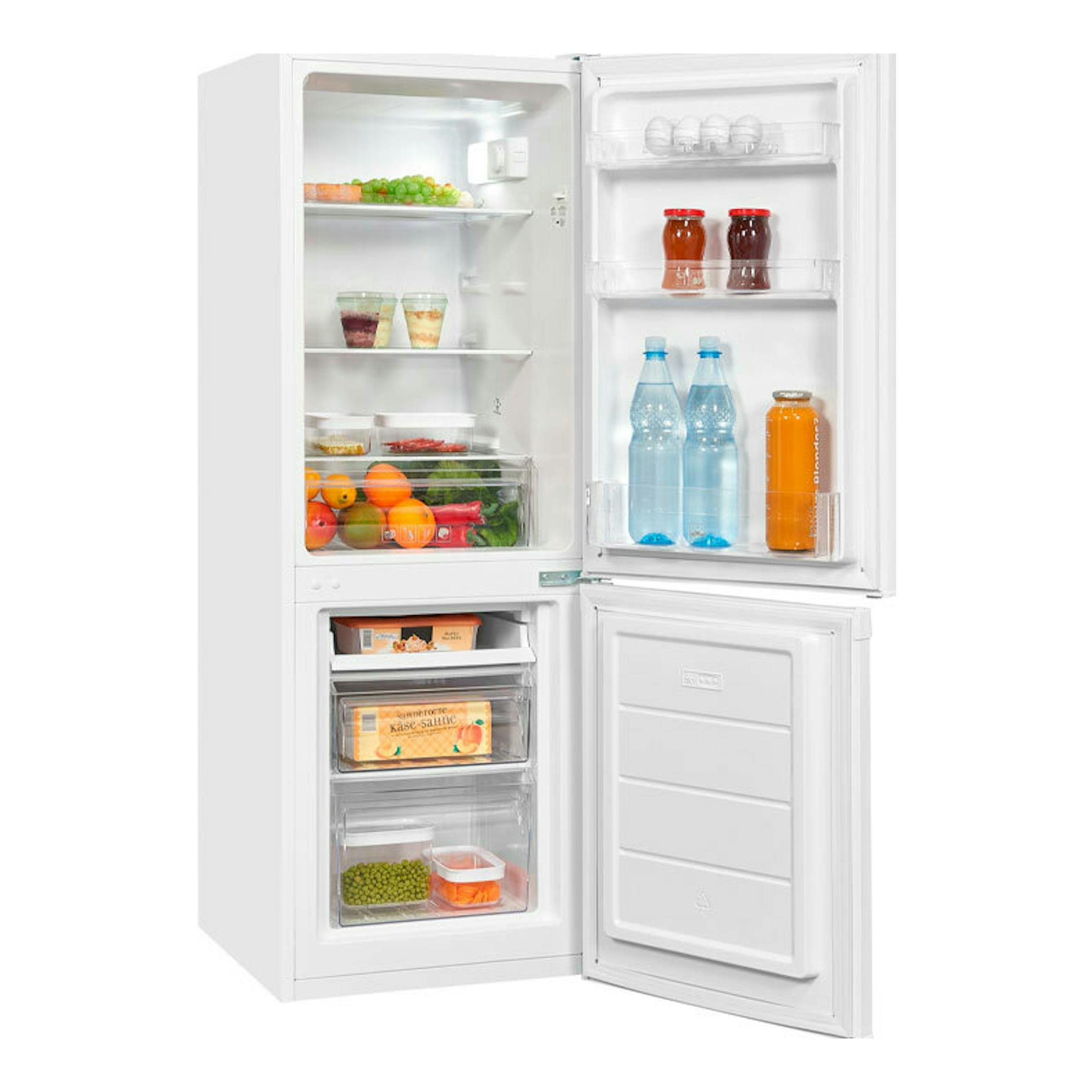 Frigorífico combi Exquisit KGC232-60-E-040E blanco, vista frontal con puertas abiertas.