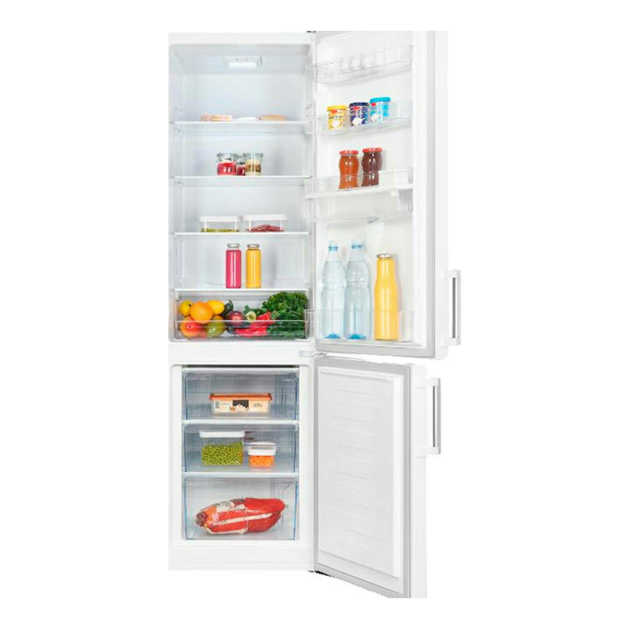 Frigorífico combi Exquisit KGC265-70-H-WS-010E blanco, vista frontal con puertas abiertas y compartimentos visibles.