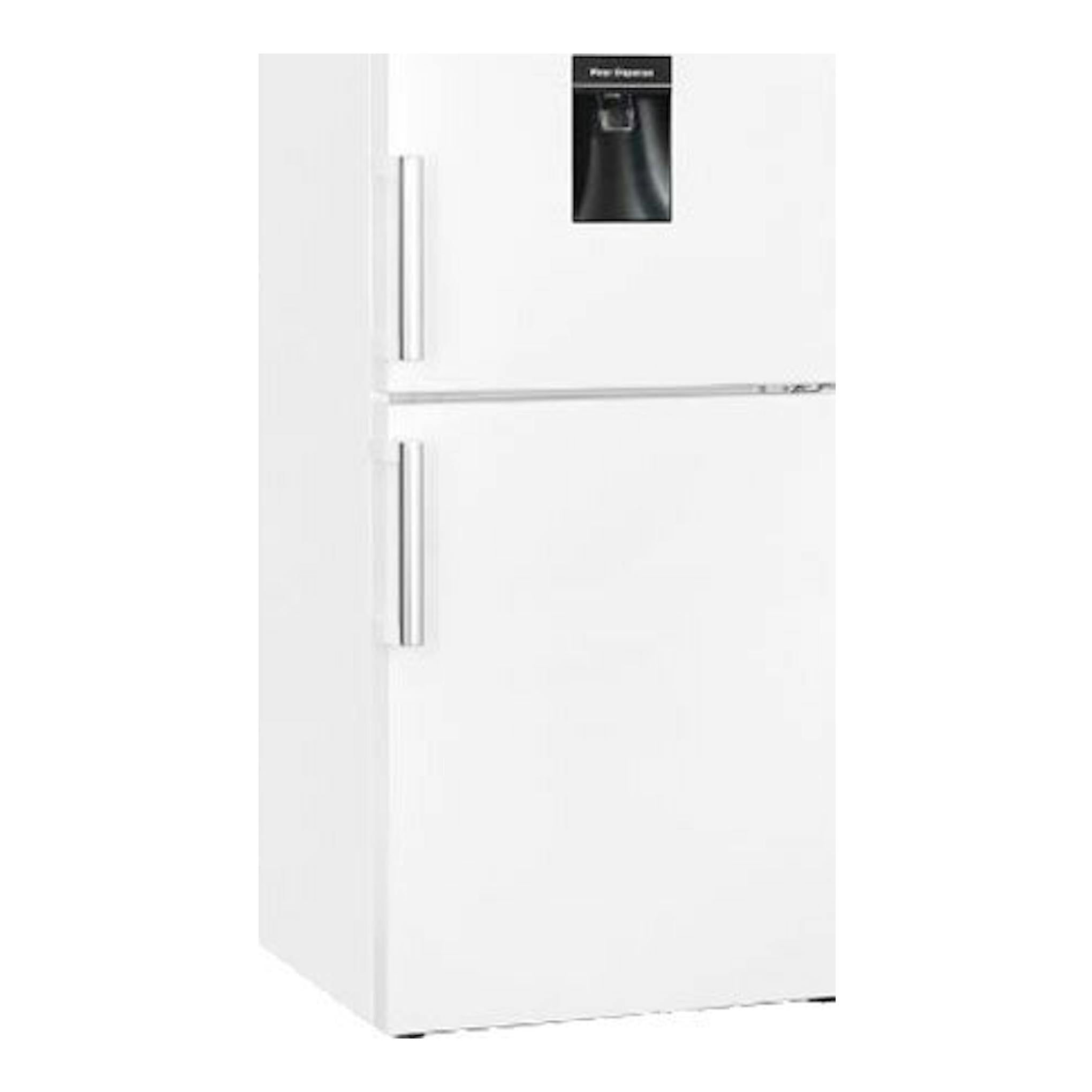 Frigorífico combi Exquisit KGC265-70-H-WS-010E blanco, vista frontal con dispensador de agua.