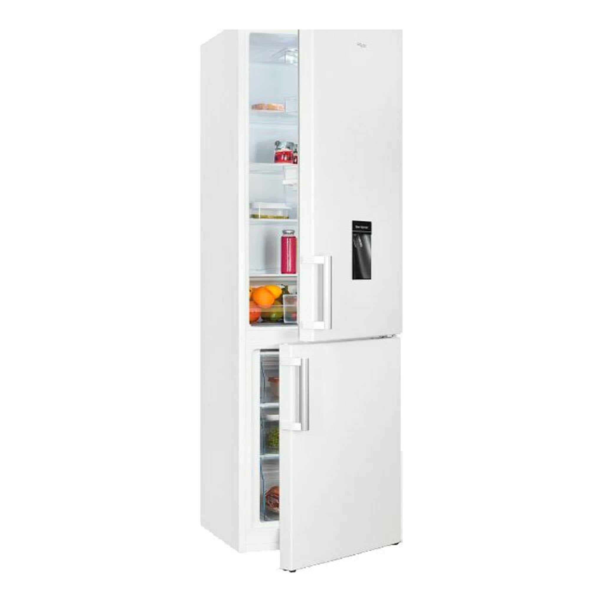 Frigorífico combi Exquisit KGC265-70-H-WS-010E blanco, vista frontal en tres cuartos, con puertas abiertas.