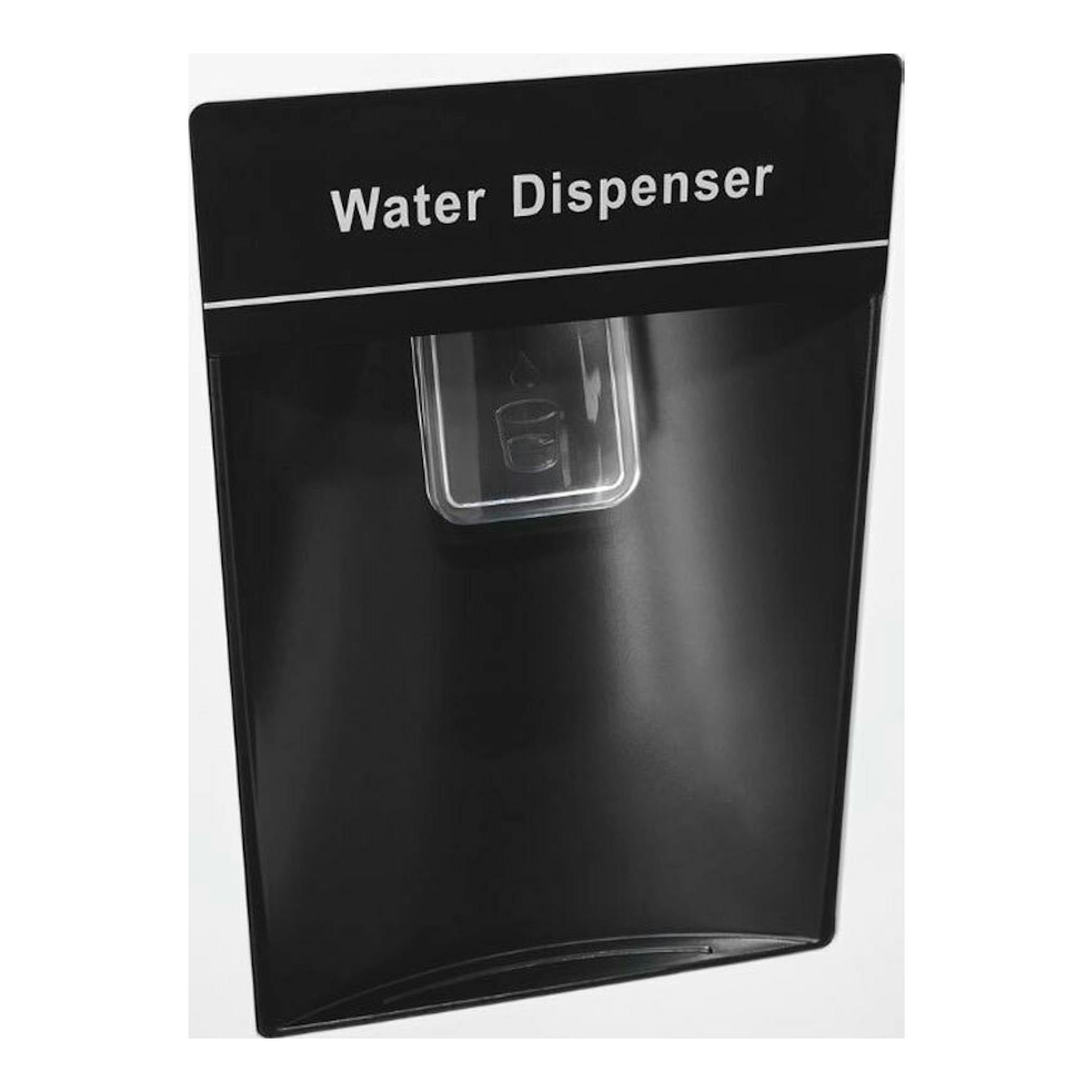 Dispensador de agua negro, vista frontal, con texto “Water Dispenser”.
