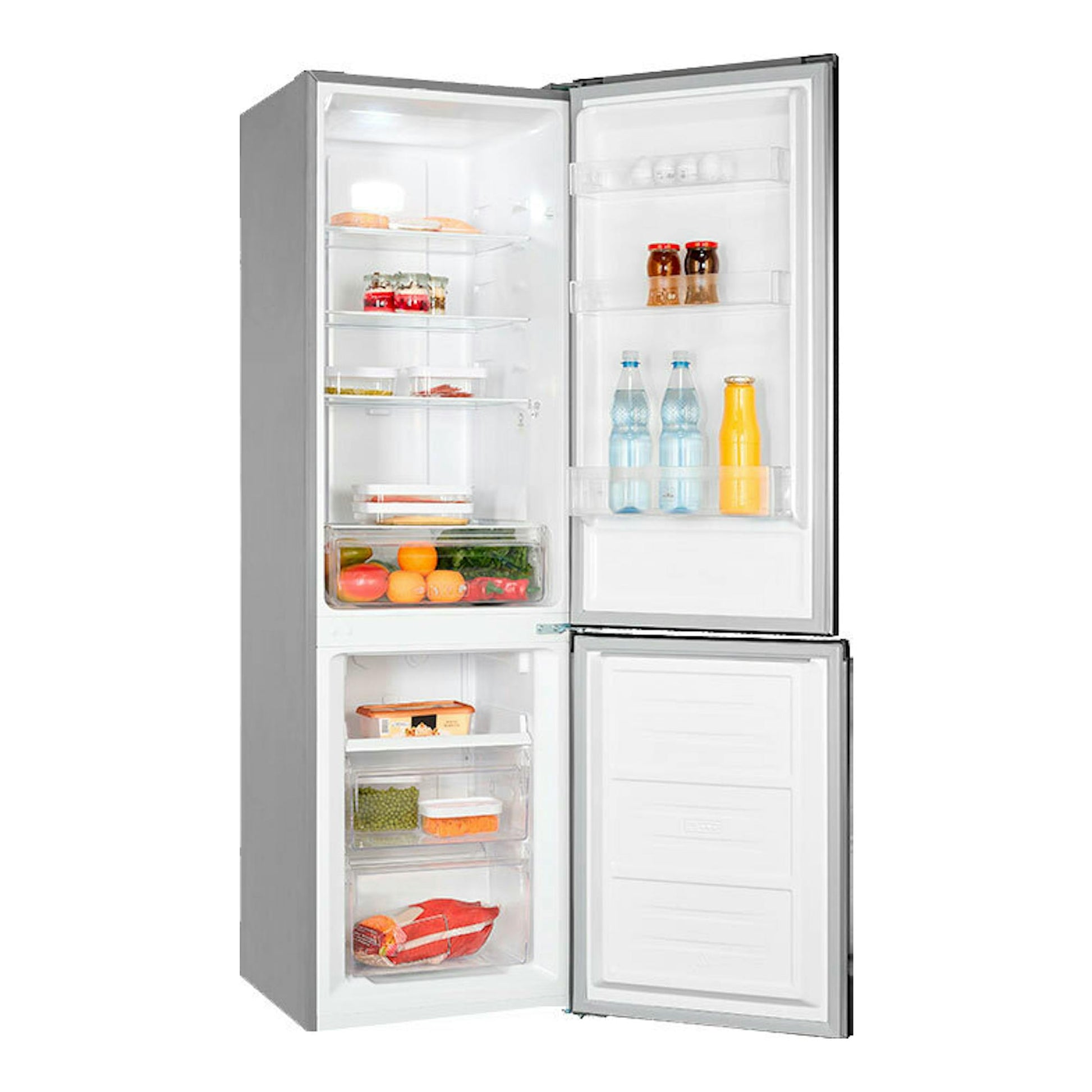 Frigorífico combi Exquisit KGC265-70-NF-040C inox, vista frontal con puertas abiertas e interior con alimentos.