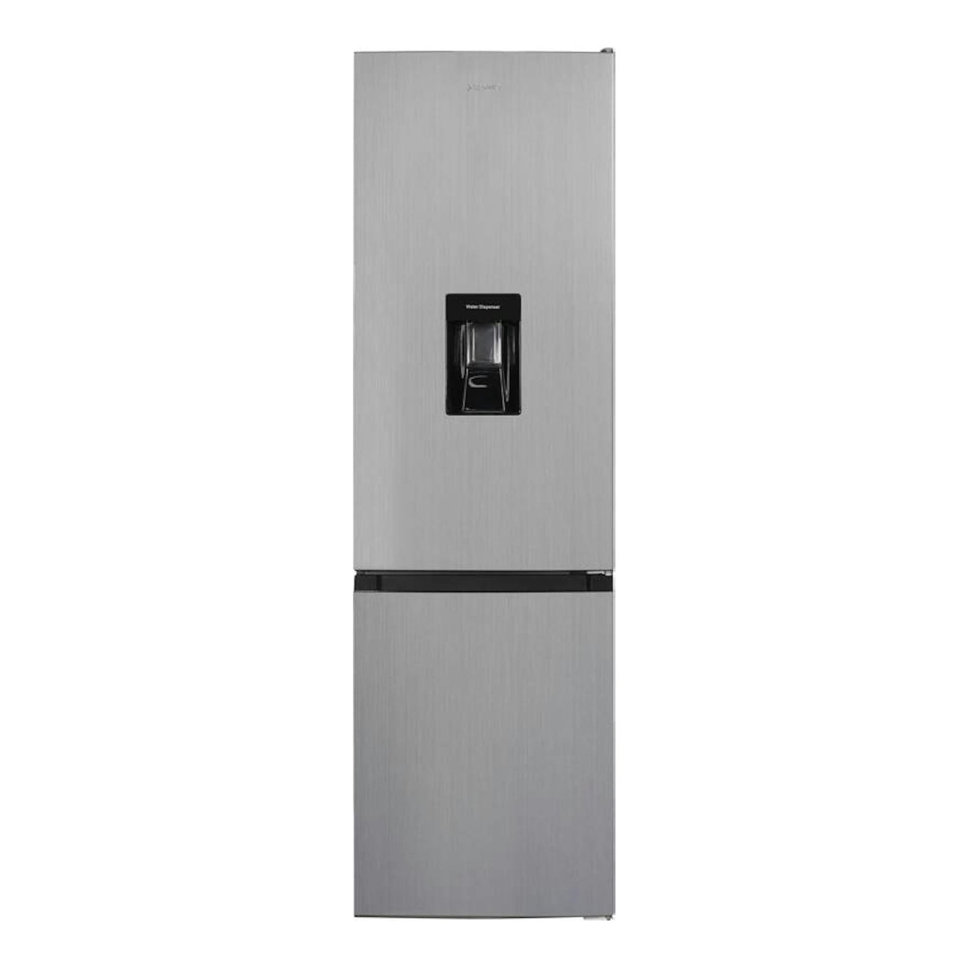 Frigorífico combi Exquisit KGC265-70-WS-040D en inox, vista frontal, con dispensador de agua.