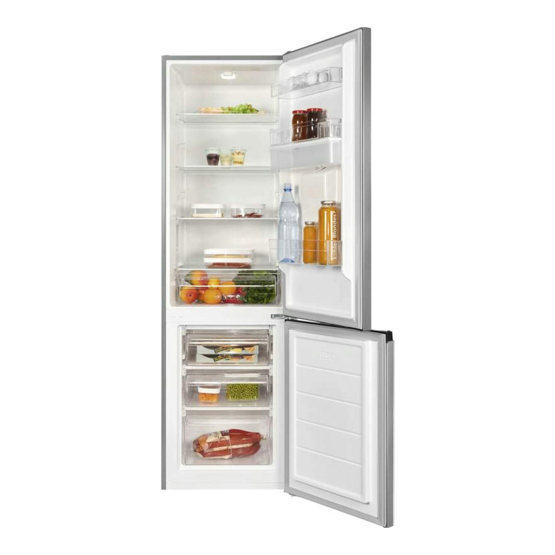 Frigorífico combi Exquisit KGC265-70-WS-040D inoxlook, frontal abierto, interior blanco y congelador inferior.