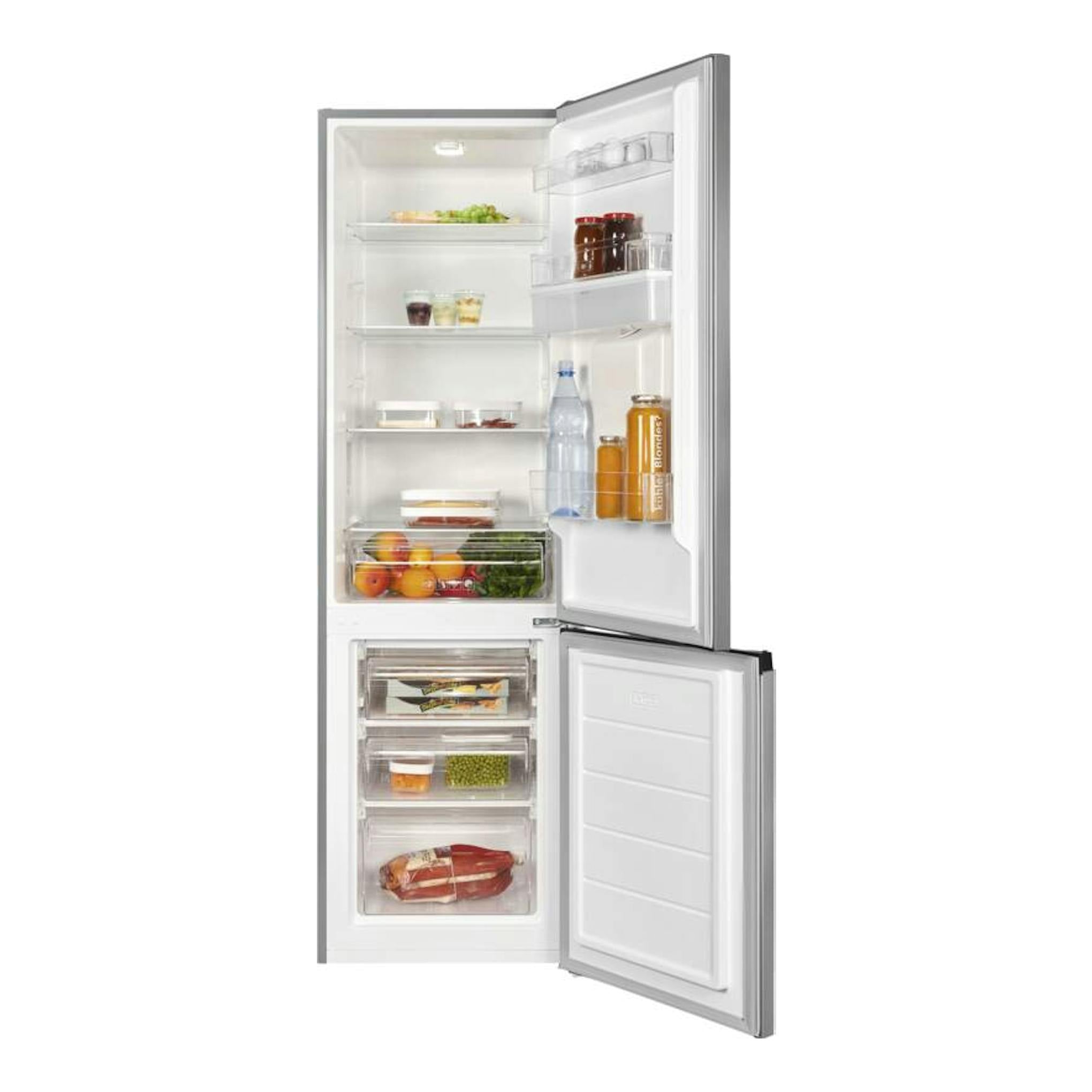 Frigorífico combi Exquisit KGC265-70-WS-040D inoxlook, frontal abierto, interior blanco y congelador inferior.