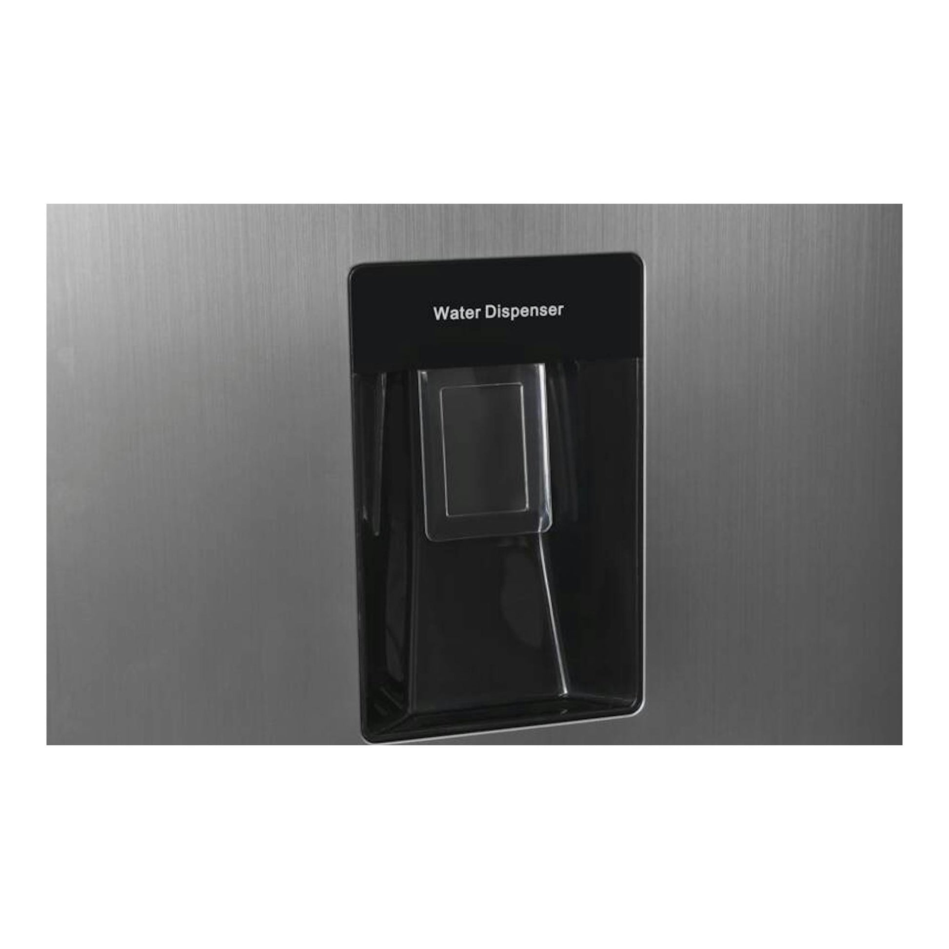 Frigorífico combi Exquisit KGC265-70-WS-040D inox, vista frontal con dispensador de agua negro.