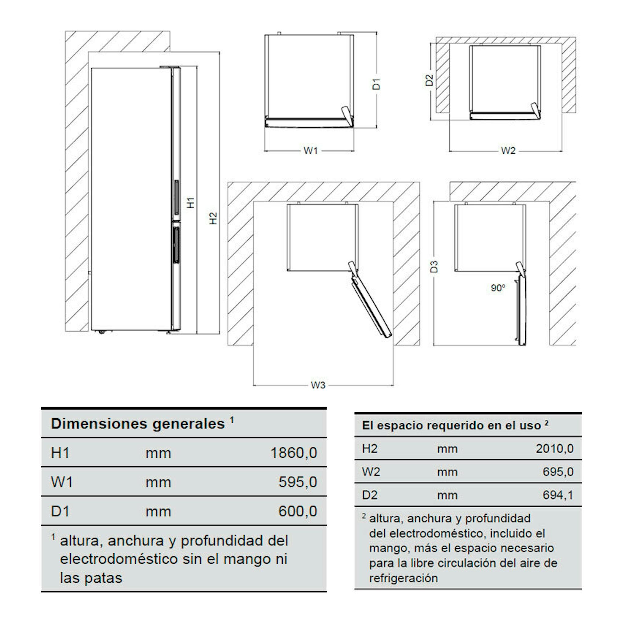 Esquema dimensional del frigorífico combi Exquisit KGC350-NF-040E blanco, vistas frontal y lateral con medidas.