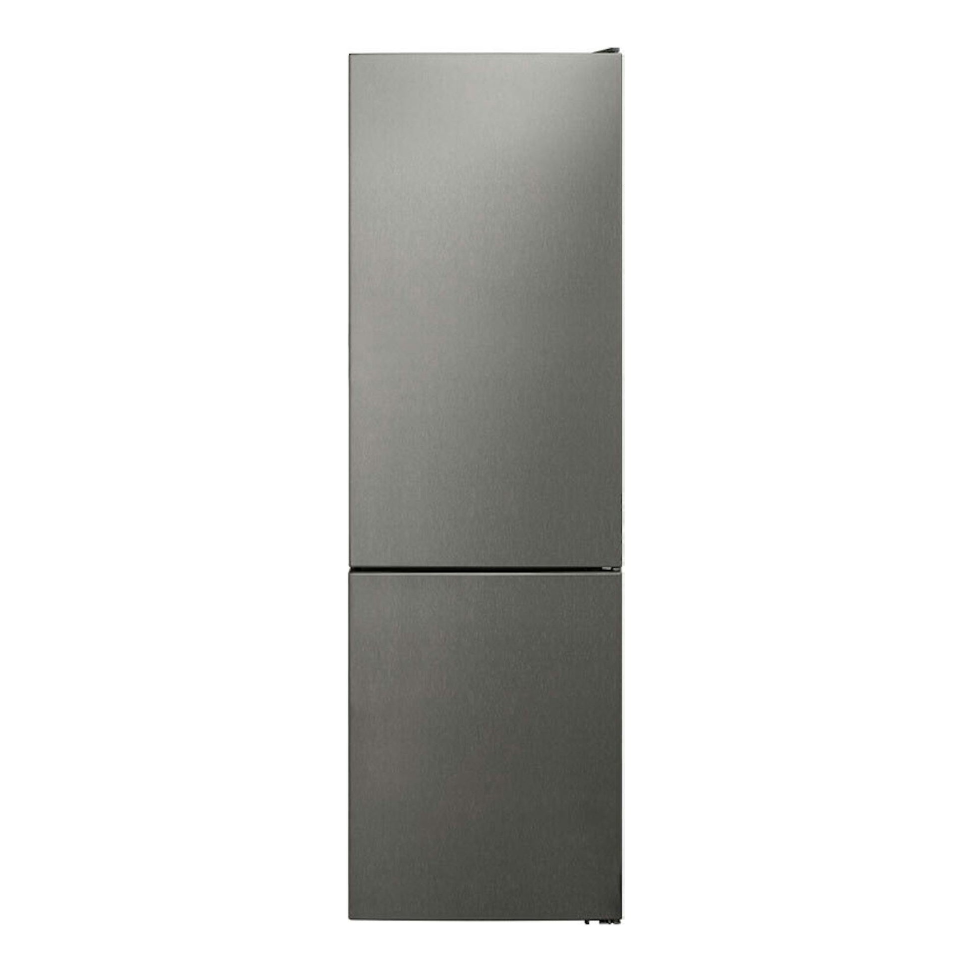 Frigorífico combi Exquisit KGC350-NF-040E en inox, vista frontal con dos puertas.