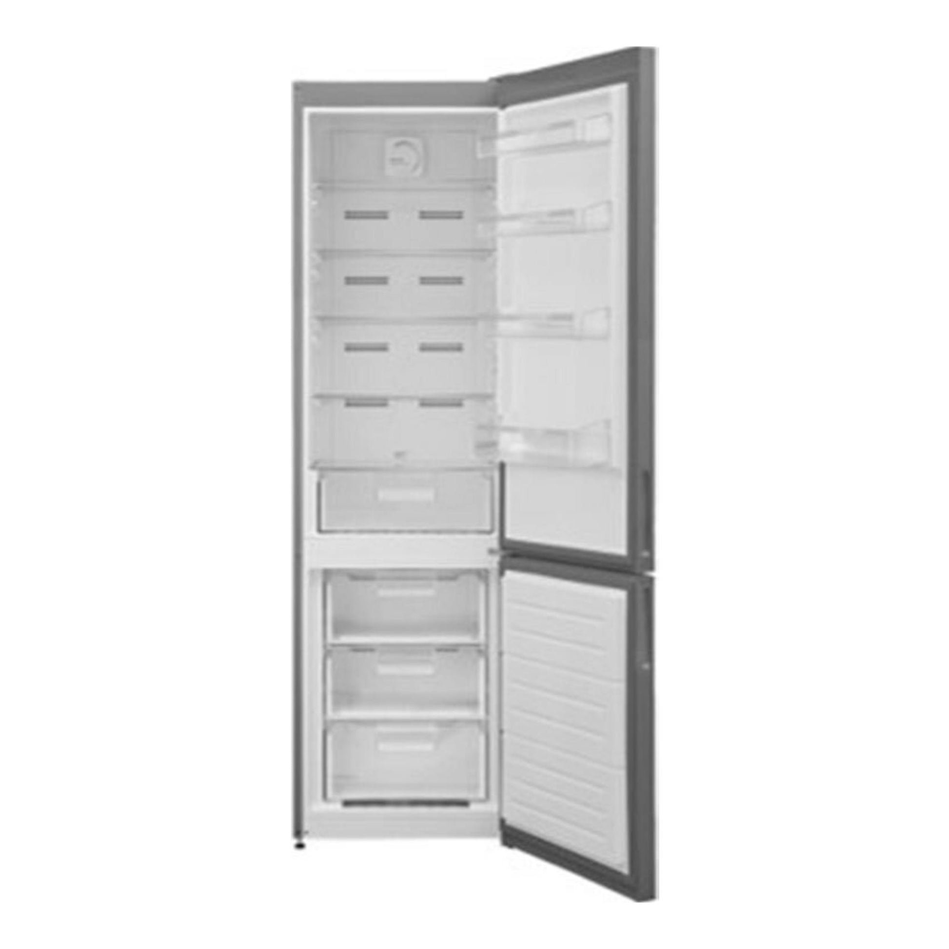 Frigorífico combi Exquisit KGC350-NF-040E inox, vista frontal con puertas abiertas y cajones visibles.