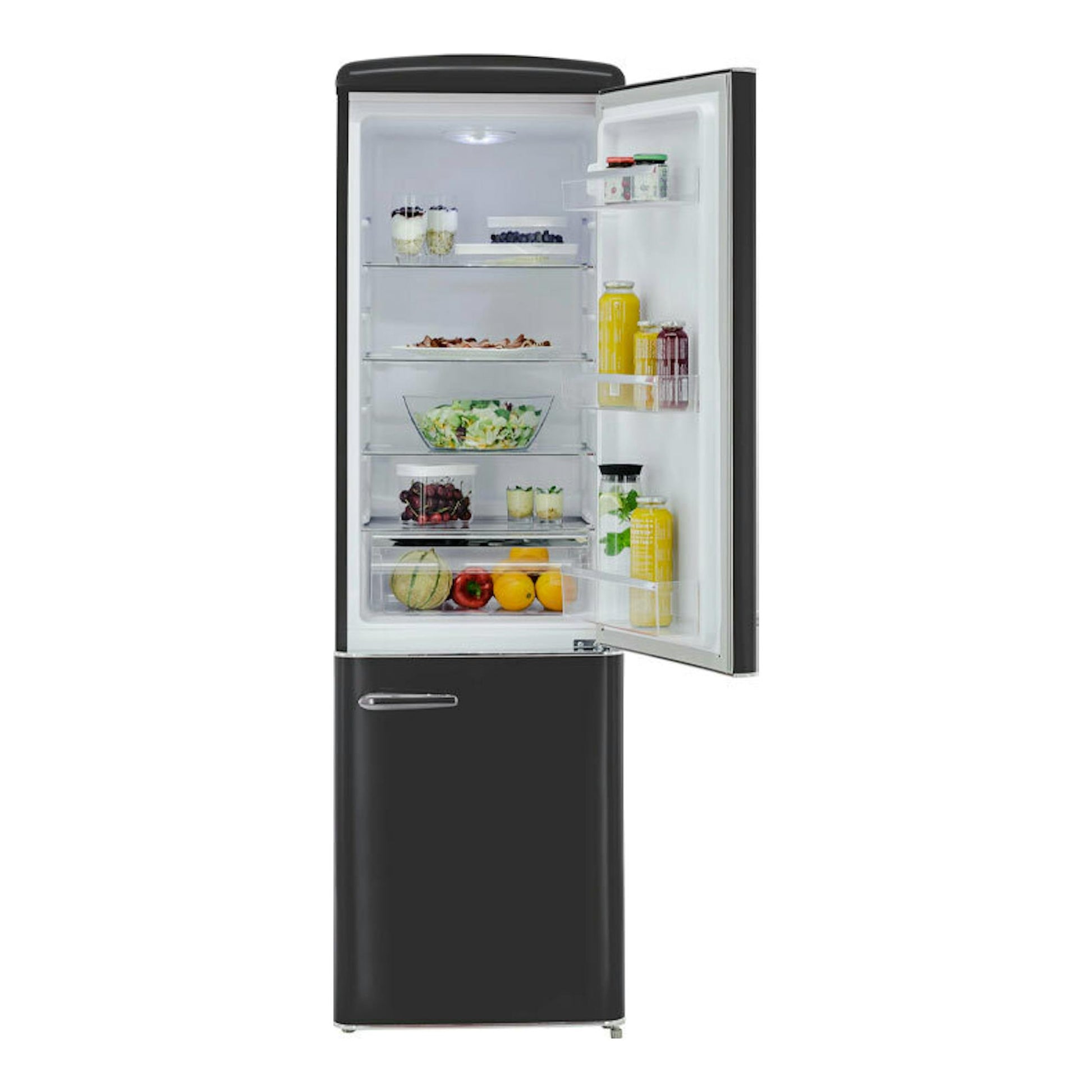 Vista frontal de frigorífico combi Exquisit RKGC250-70-H-160E negro mate, con la puerta superior abierta.
