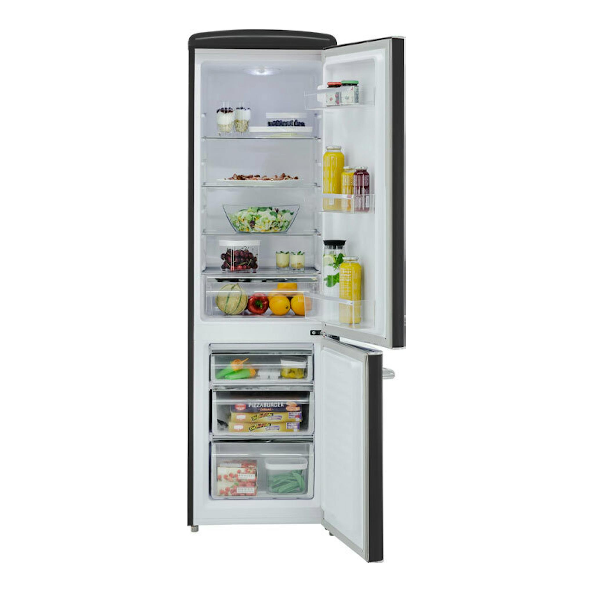 Frigorífico combi Exquisit RKGC250-70-H-160E negro mate, vista frontal con puertas abiertas.