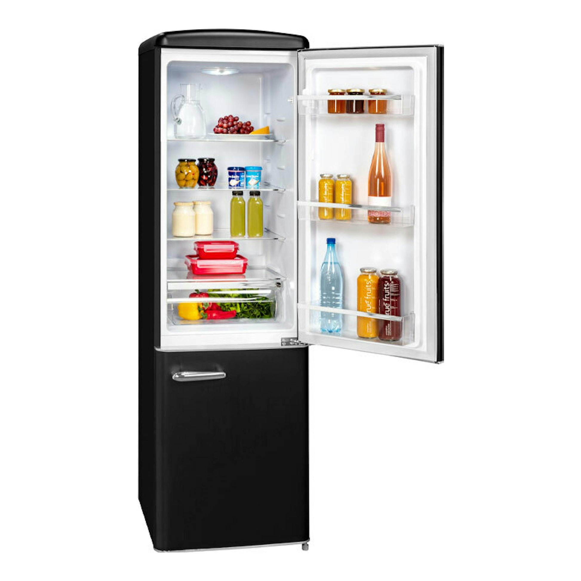Frigorífico combi Exquisit RKGC250-70-H-160E negro mate, vista frontal con puerta abierta.