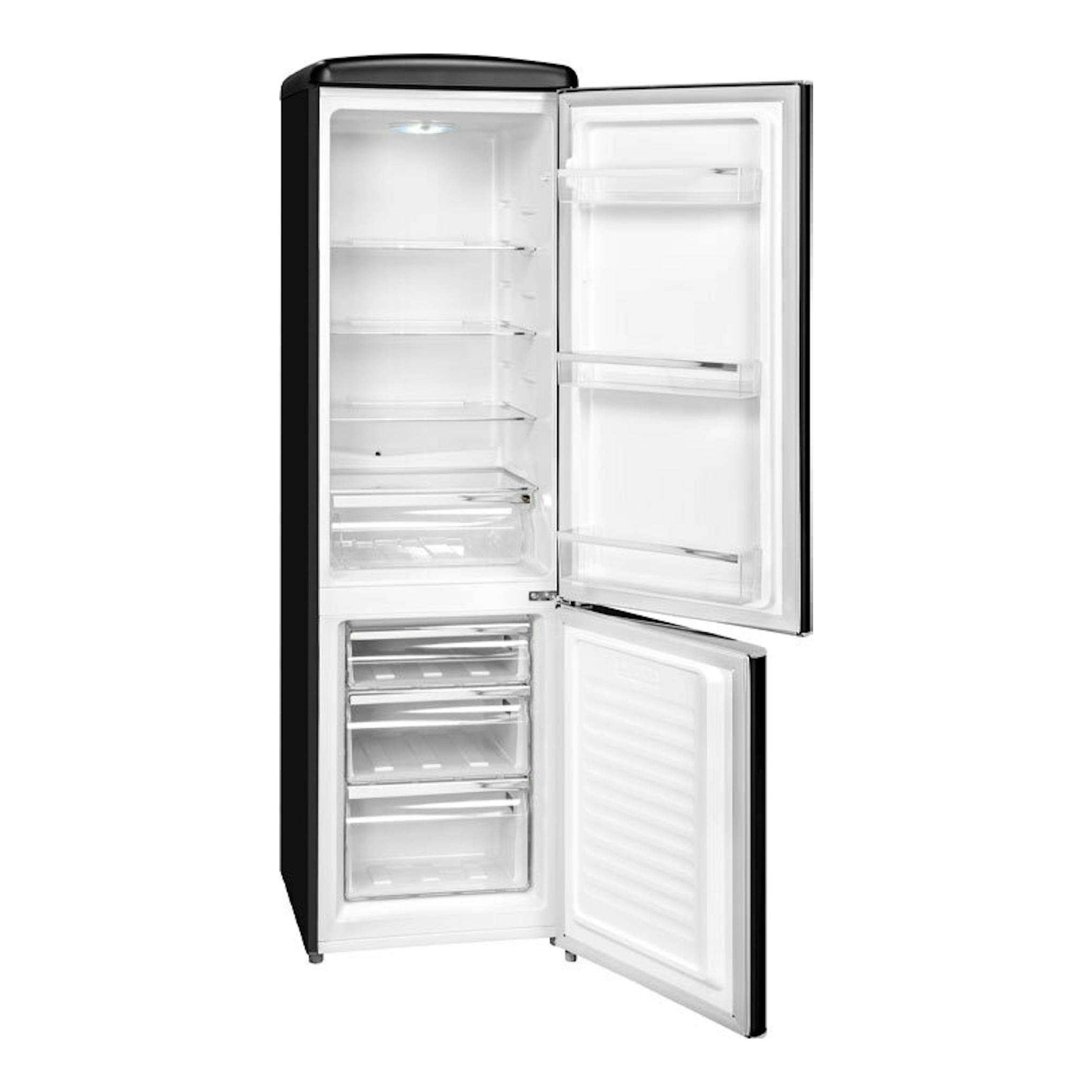 Frigorífico combi Exquisit RKGC250-70-H-160E negro mate, vista frontal con puertas abiertas.