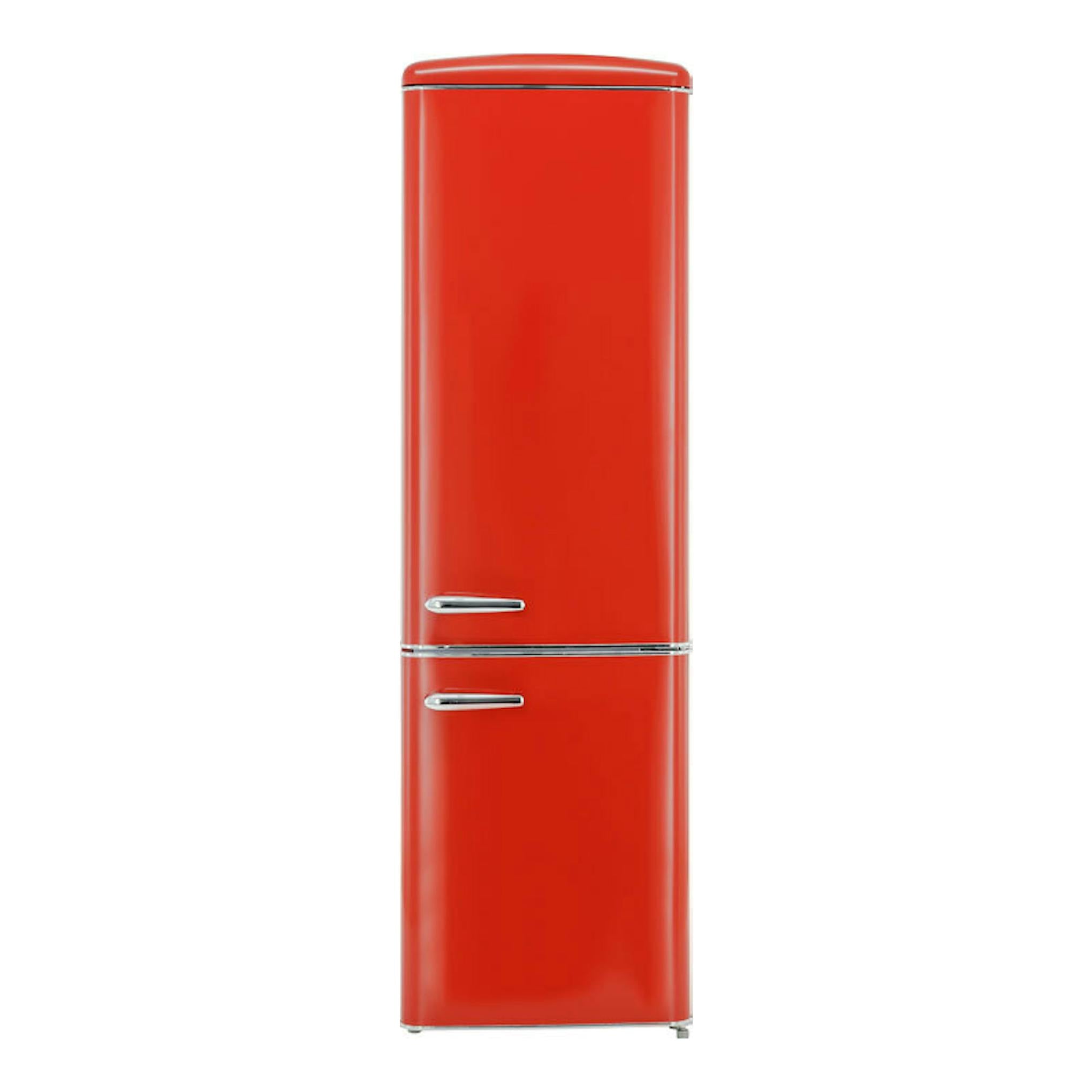 Frigorífico combi Exquisit RKGC250-70-H-160E rojo, vista frontal, con dos puertas y tiradores cromados.