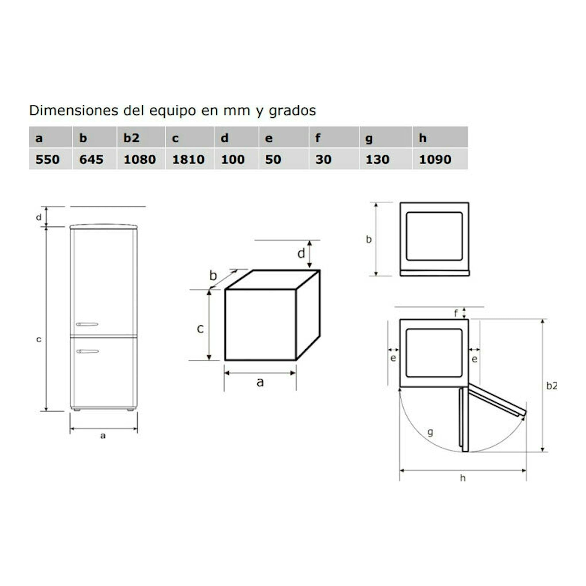 Diagrama de dimensiones del frigorífico combi Exquisit RKGC250-70-H-160E rojo, con vistas frontal, lateral y superior.