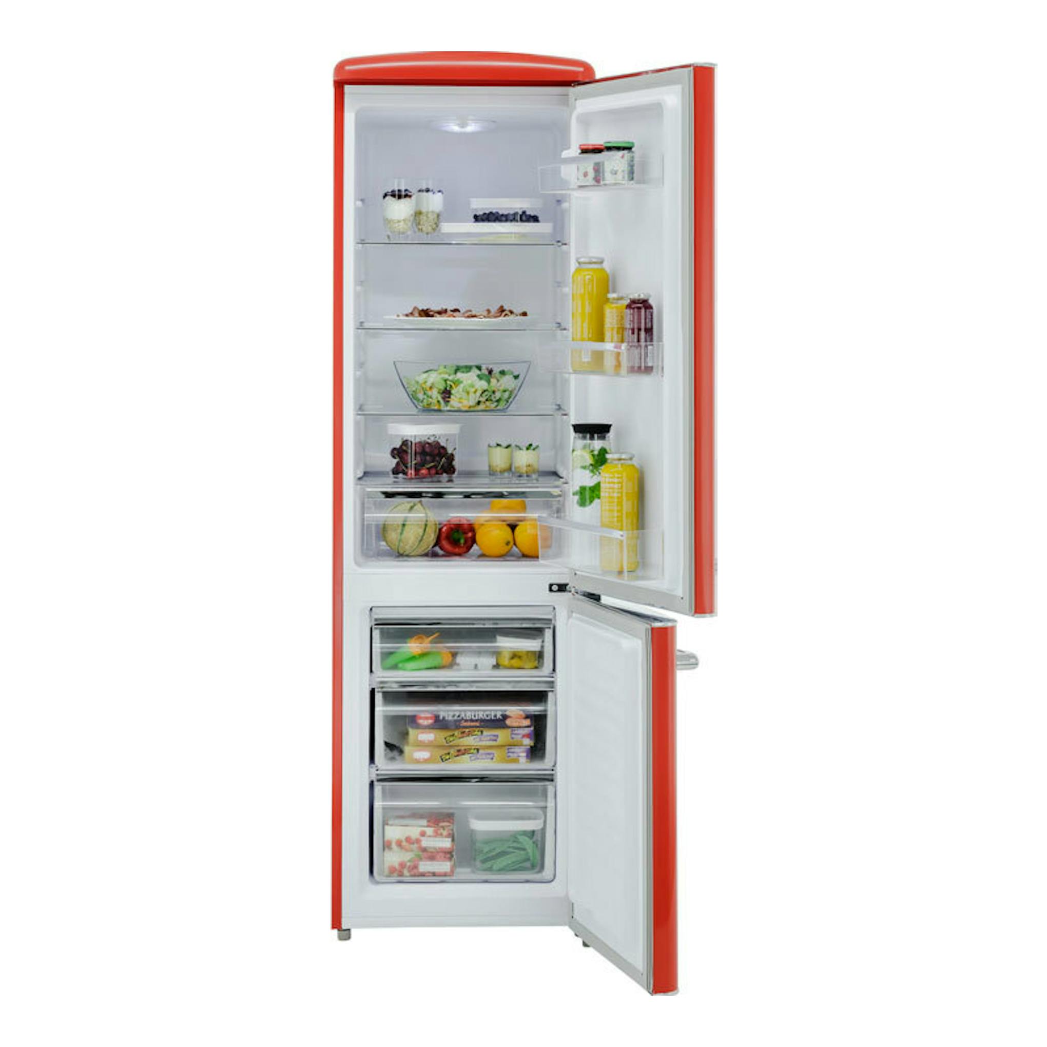 Frigorífico combi Exquisit RKGC250-70-H-160E rojo, vista frontal, con puertas abiertas y compartimentos interiores.