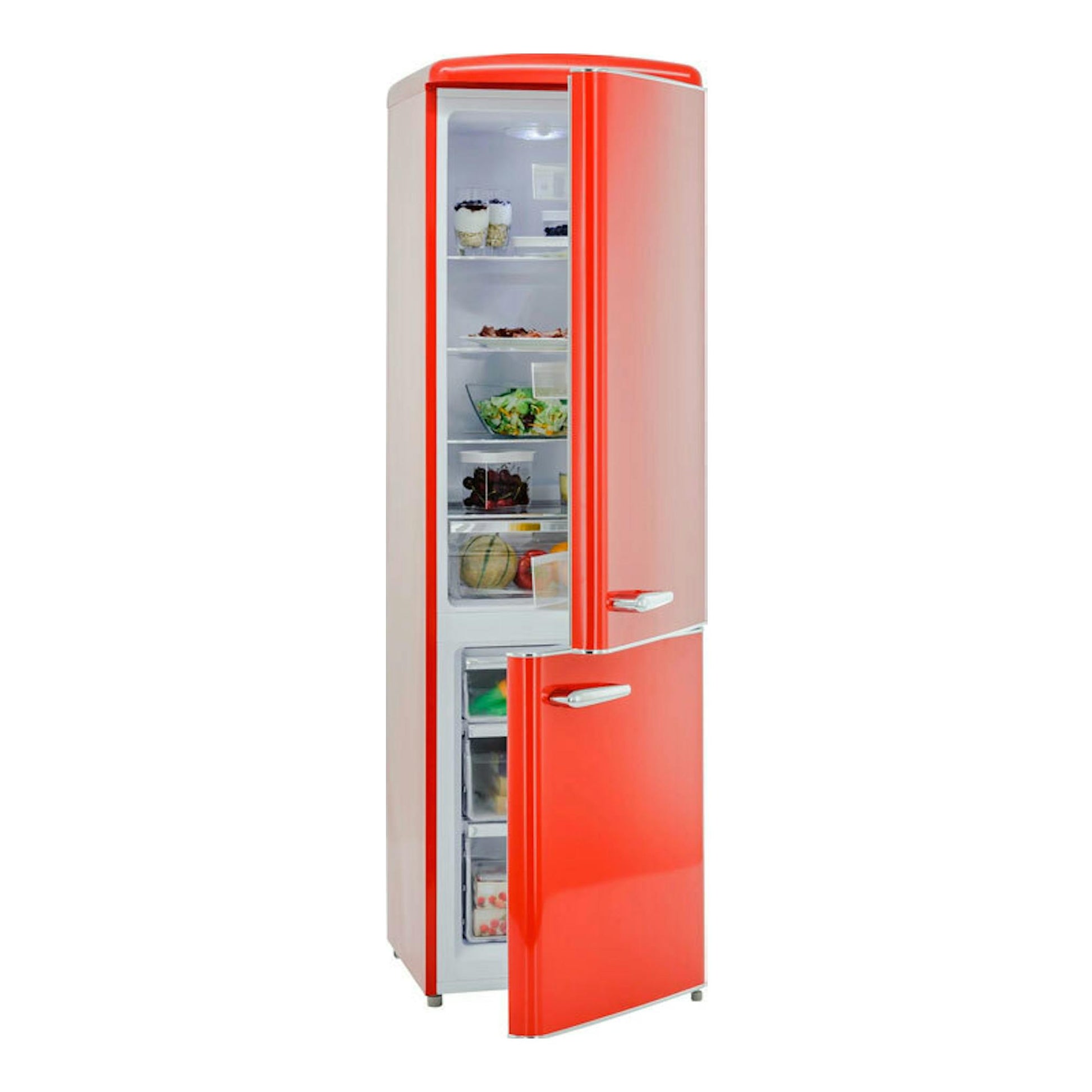 Frigorífico combi Exquisit RKGC250-70-H-160E rojo, vista frontal, con puertas abiertas y interior visible.