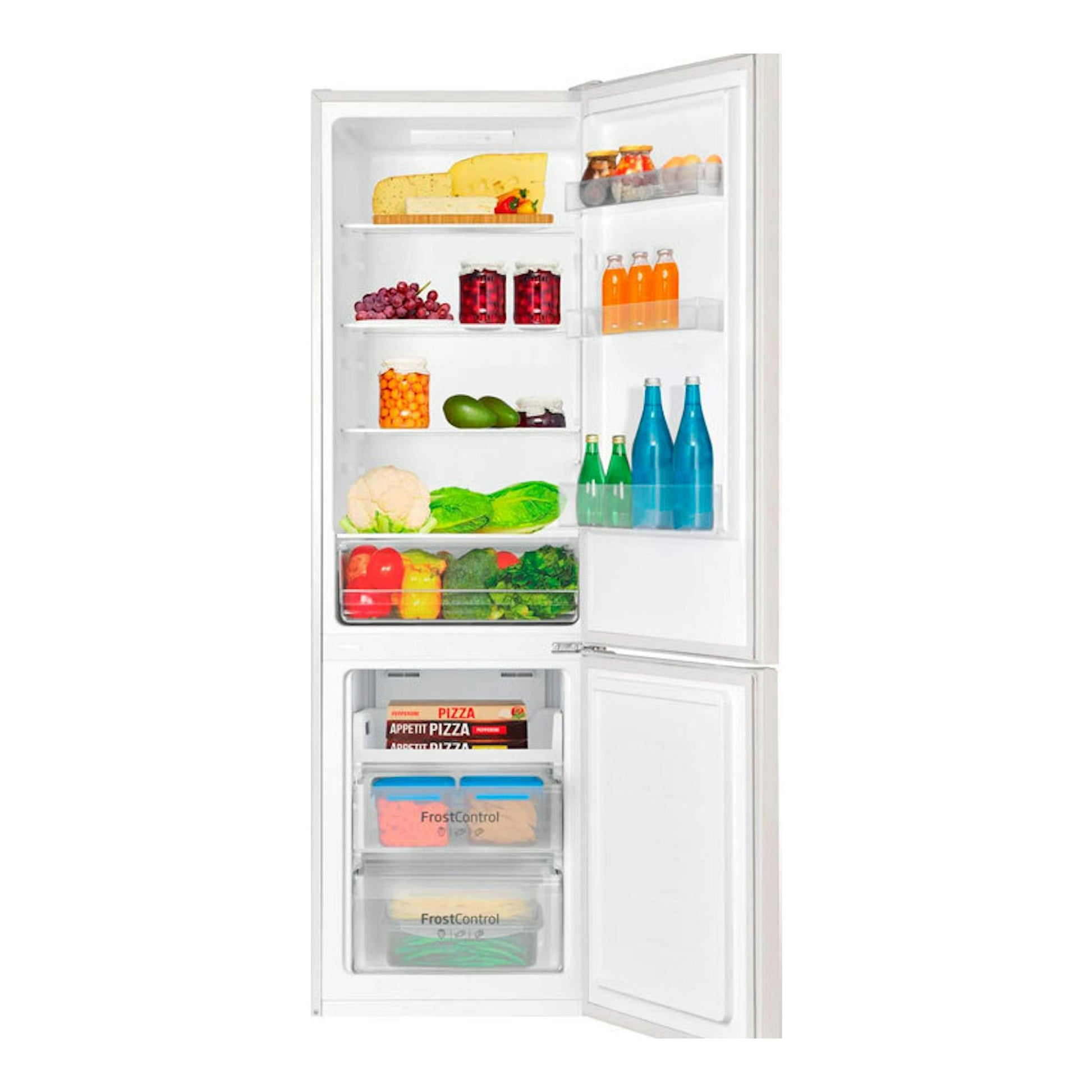 Frigorífico combi Fagor 3FFK-5510 blanco, vista frontal con puertas abiertas y compartimentos visibles.
