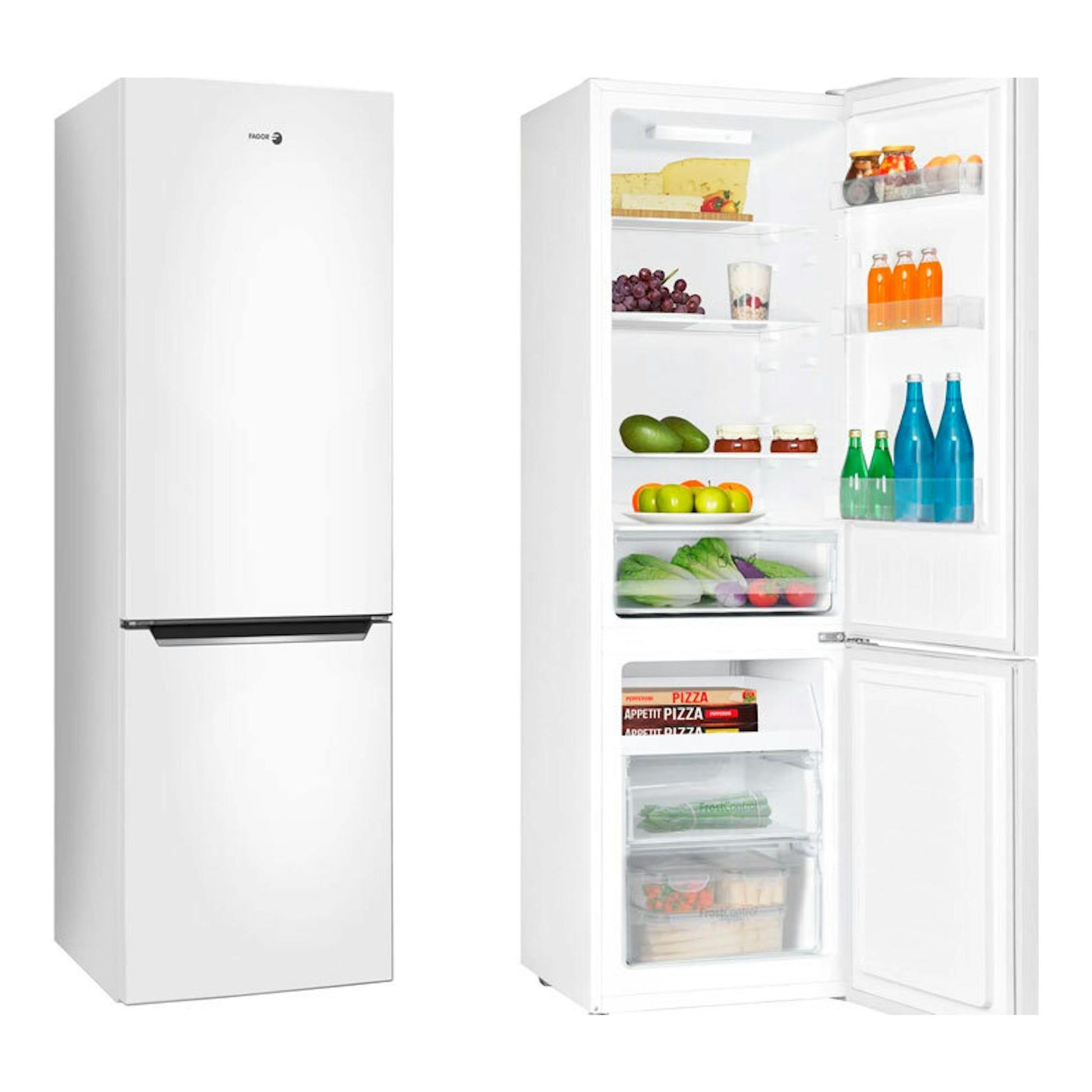 Frigorífico combi Fagor 3FFK-5510 blanco, vista frontal y puerta abierta mostrando el interior.