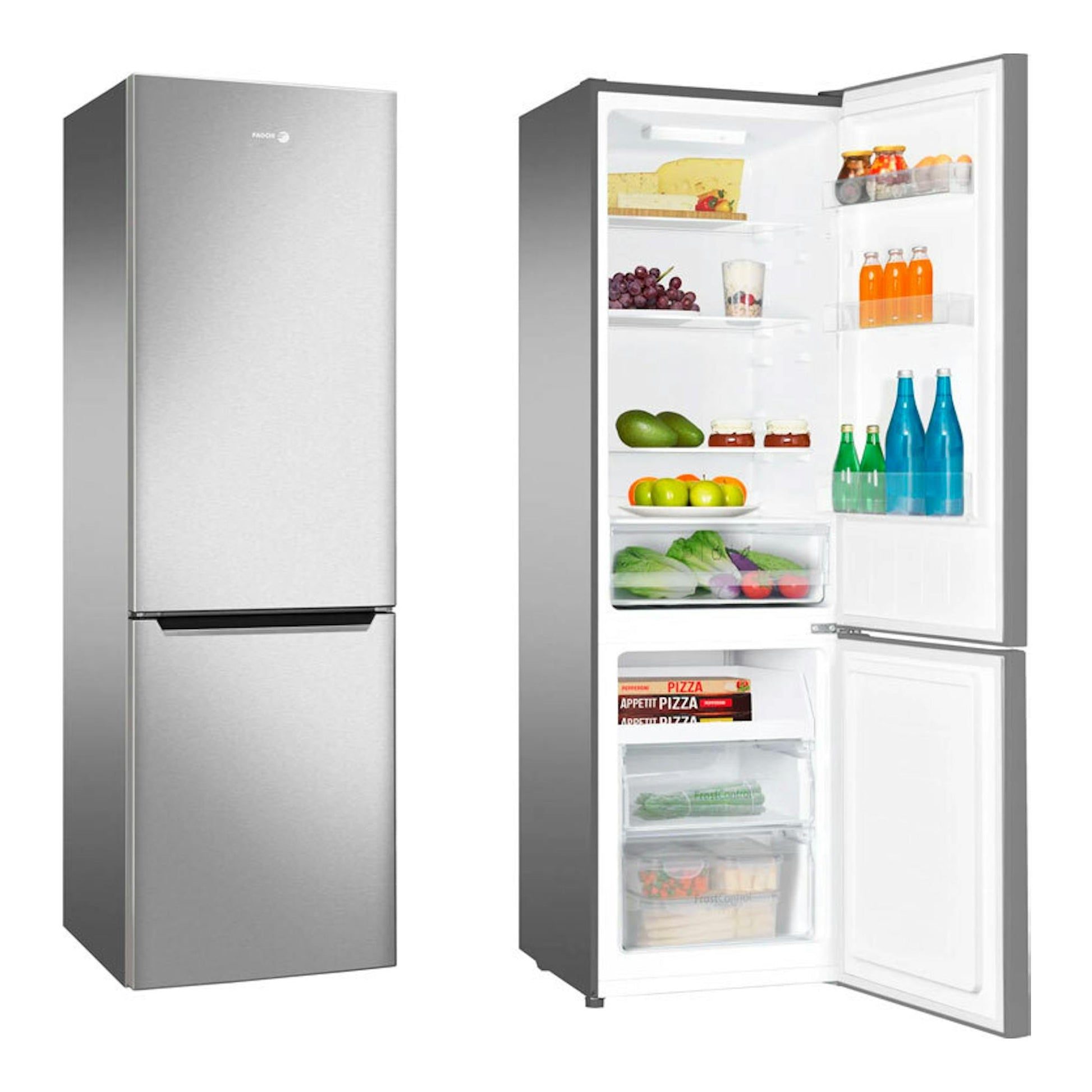 Frigorífico combi Fagor 3FFK-5510X inox, vista frontal y puerta abierta con estantes y cajones.