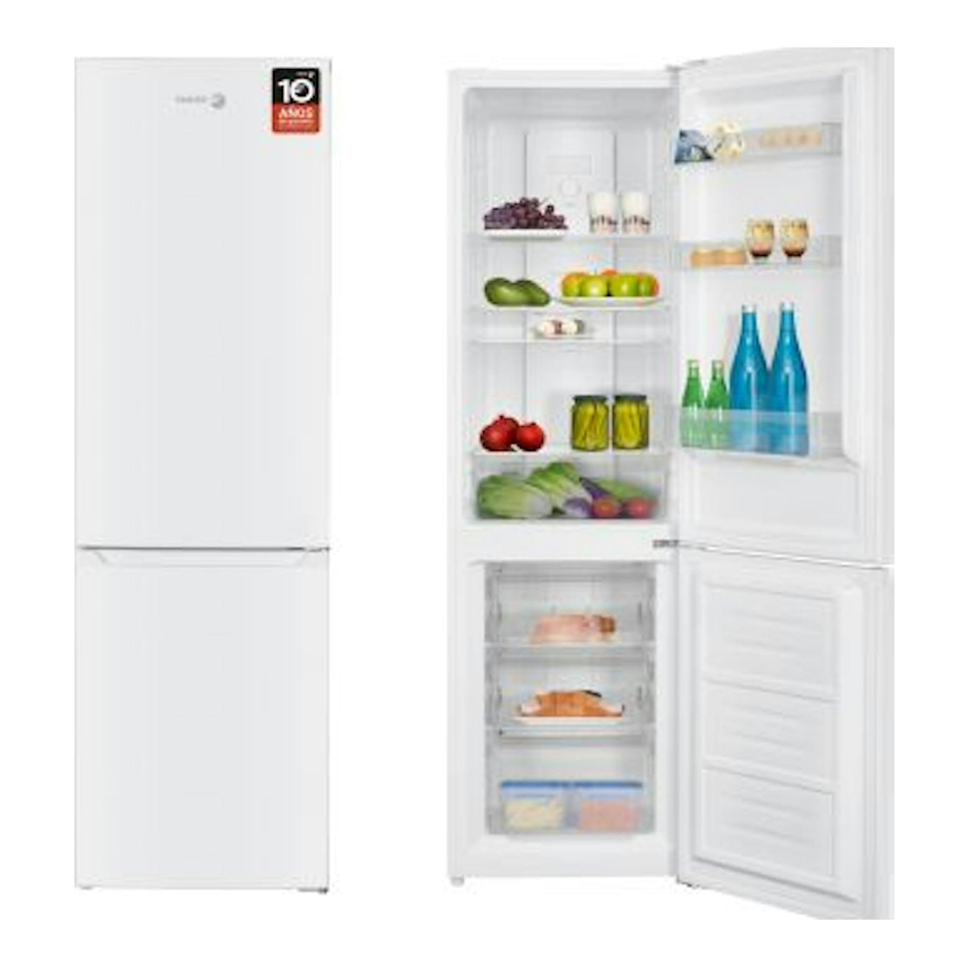 Frigorífico combi Fagor 3FFK-5527 blanco, vista frontal con puertas abiertas e interior visible.