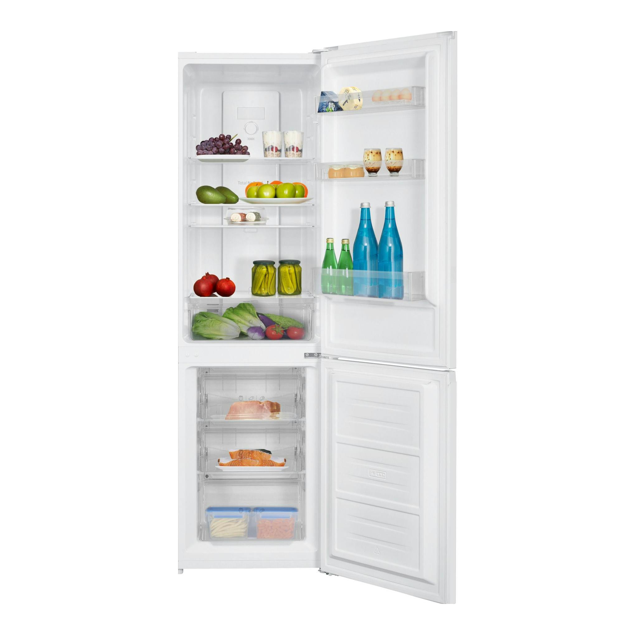 Frigorífico combi Fagor 3FFK-5527 blanco, vista frontal con puertas abiertas e interior con alimentos.